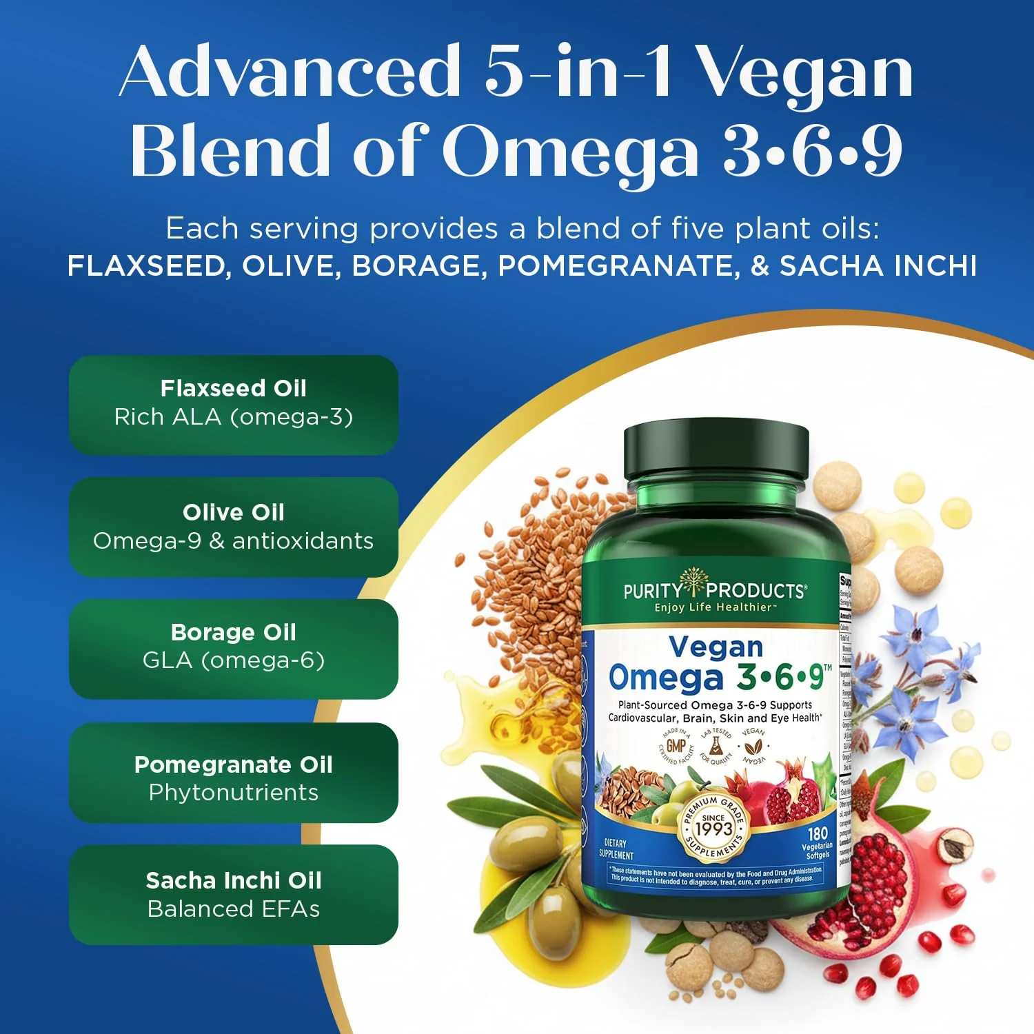 Purity Products Vegan Omega 3 6 9 Formula - “5 in 1” Essential Fatty Acid Complex - Scientifically Formulated Plant-Based Vegan Omega 3-6-9 Essential Fatty Acids (EFA) - 3 Month Supply - 180 Softgels - Image 5