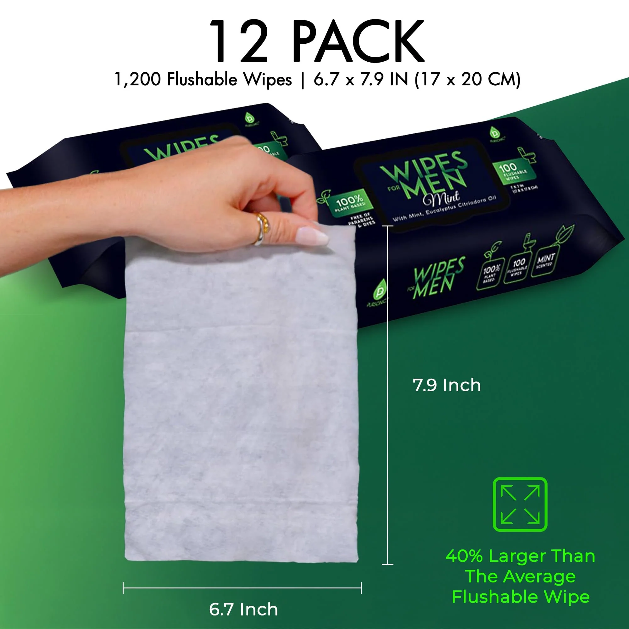 Pursonic Soft Mint Scented Flushable Wipes for Men - 12 Pack (1200) Plant Based Face and Body Wipes with Aloe Vera & Vitamin E - Extra Large Wipes for Gentle & Thorough Cleansing - Image 2