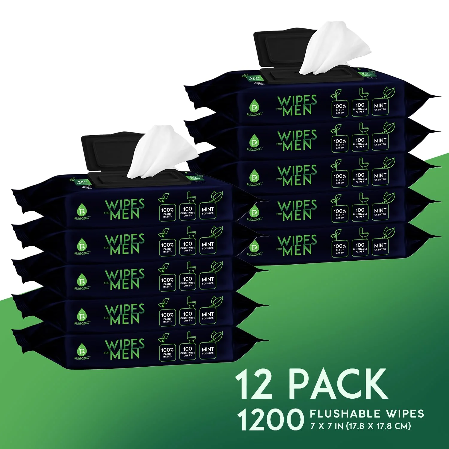 Pursonic Soft Mint Scented Flushable Wipes for Men - 12 Pack (1200) Plant Based Face and Body Wipes with Aloe Vera & Vitamin E - Extra Large Wipes for Gentle & Thorough Cleansing - Image 6