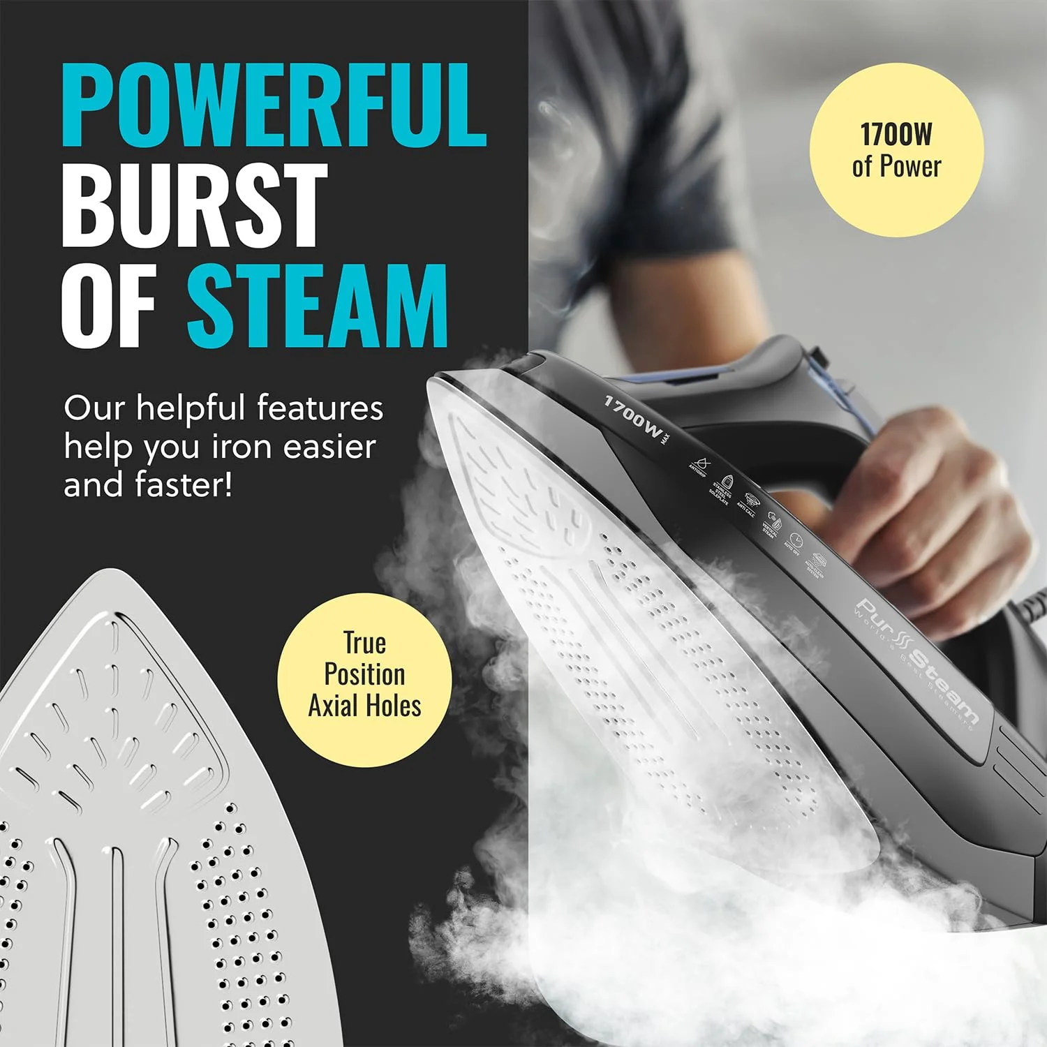 Pursteam Steam Iron for Clothes 1700W with Self-Cleaning Nonstick Stainless Steel Soleplate, Auto Shutoff, Anti-Drip - Image 9