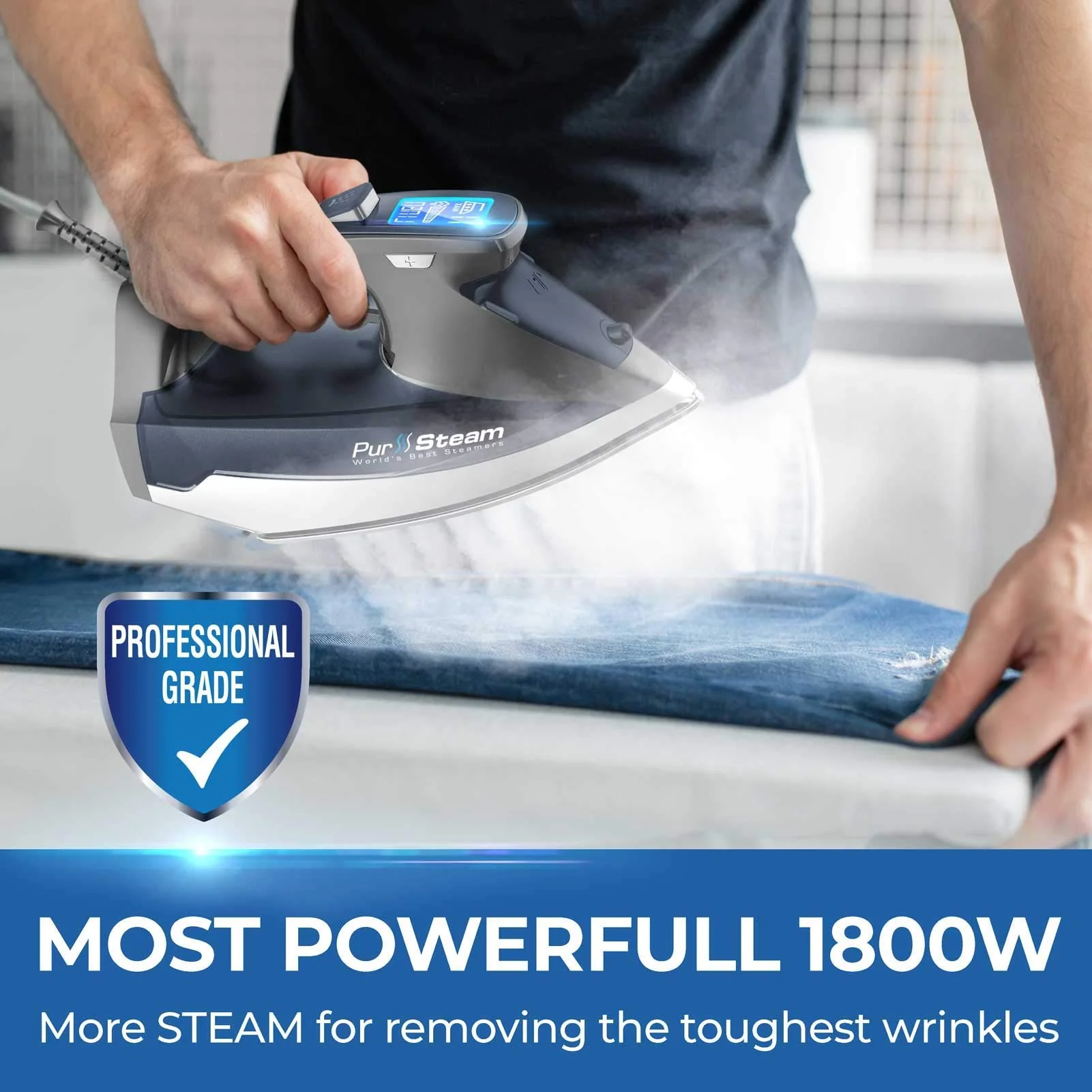 Pursteam Steam Iron for Clothes 1800W with LCD Screen, Nonstick Ceramic Soleplate, Auto Shutoff, Anti-Drip, Self-Cleaning - Image 6