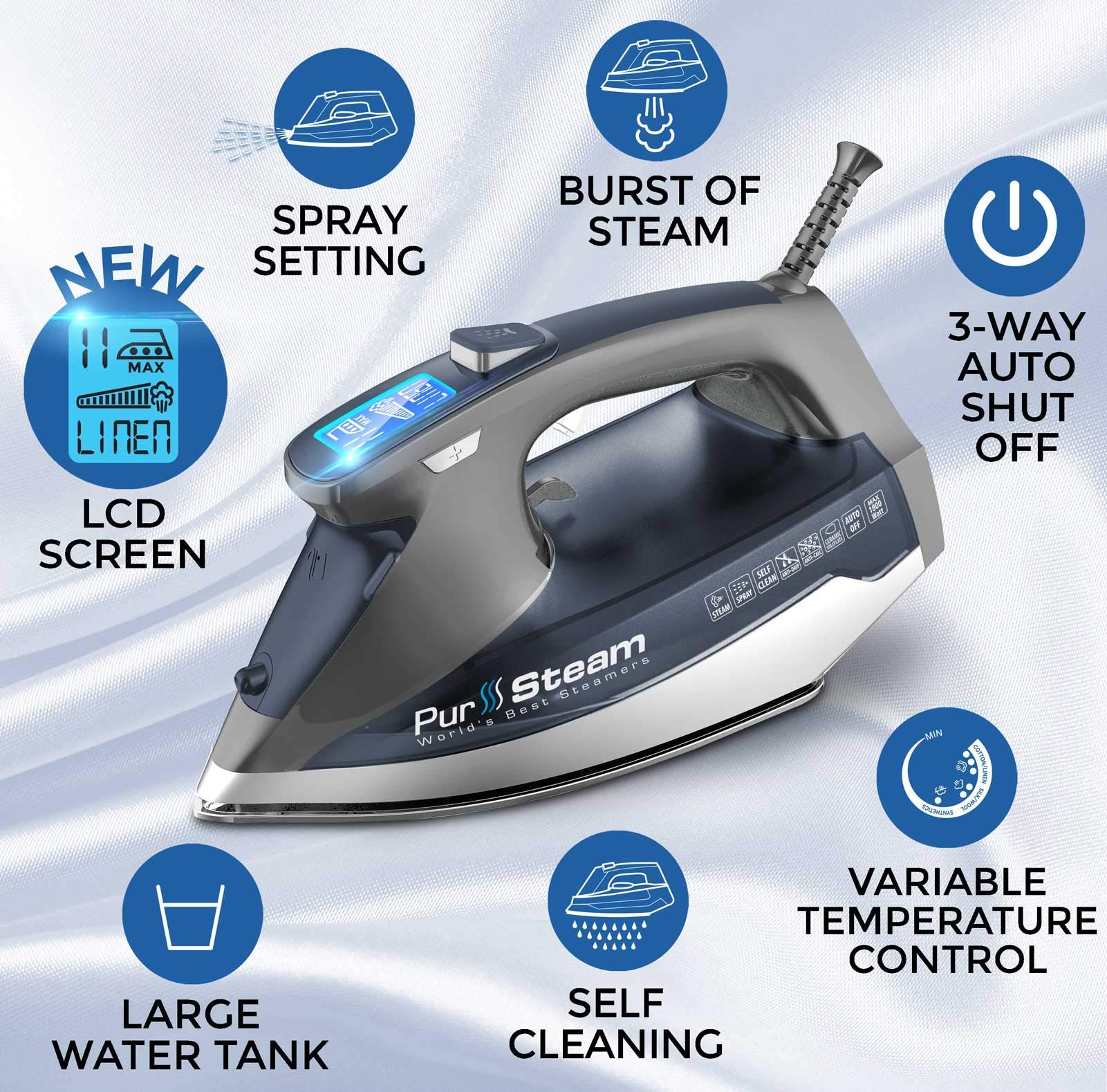 Pursteam Steam Iron for Clothes 1800W with LCD Screen, Nonstick Ceramic Soleplate, Auto Shutoff, Anti-Drip, Self-Cleaning - Image 7