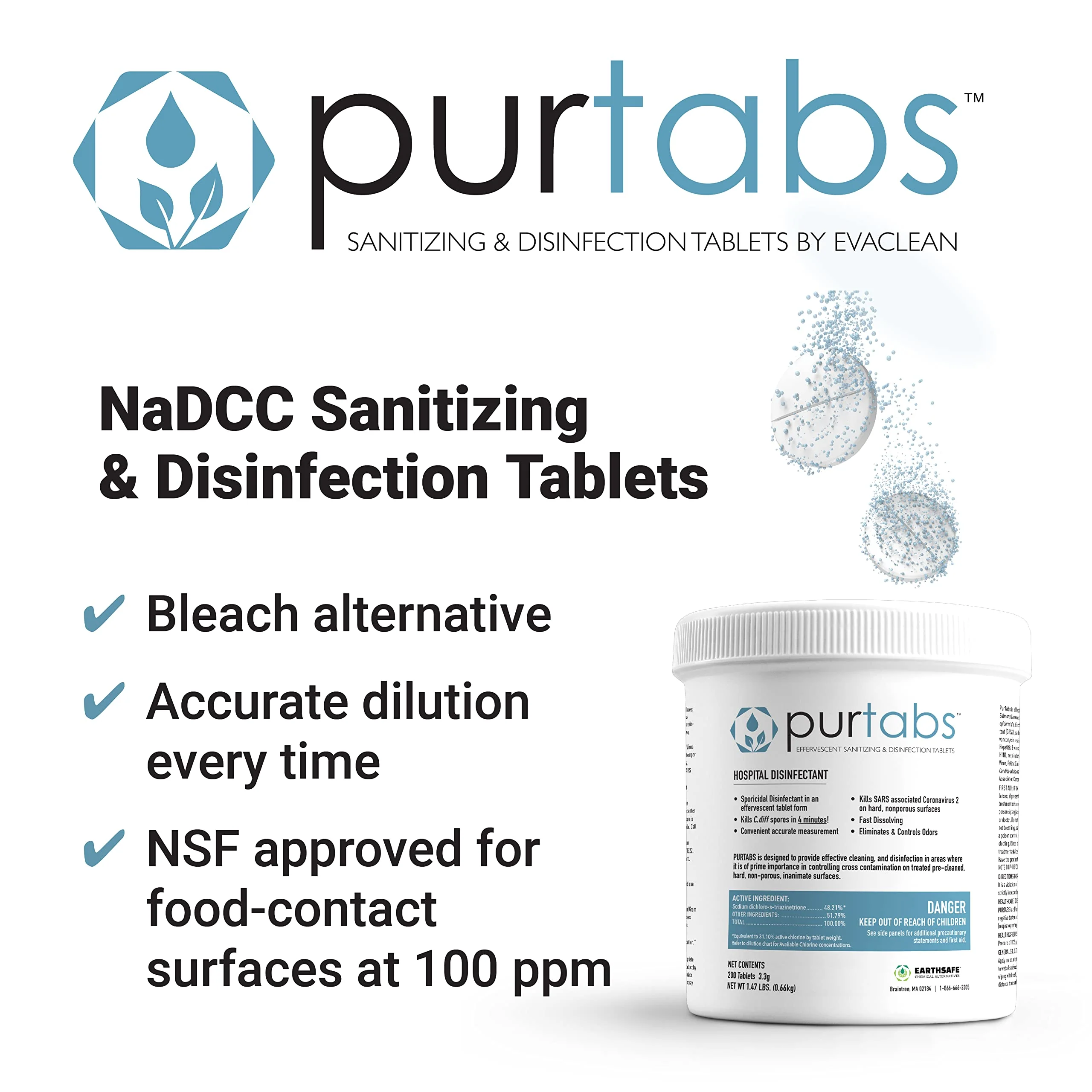 PurTabs Disinfectant Tablets, NSF D2 Certified Food Safe, Hypochlorous Acid Commercial Kitchen & Surface Sanitizer, Kills Norovirus & C. Diff Spores, EPA Registered, Pack of 6 - Image 2