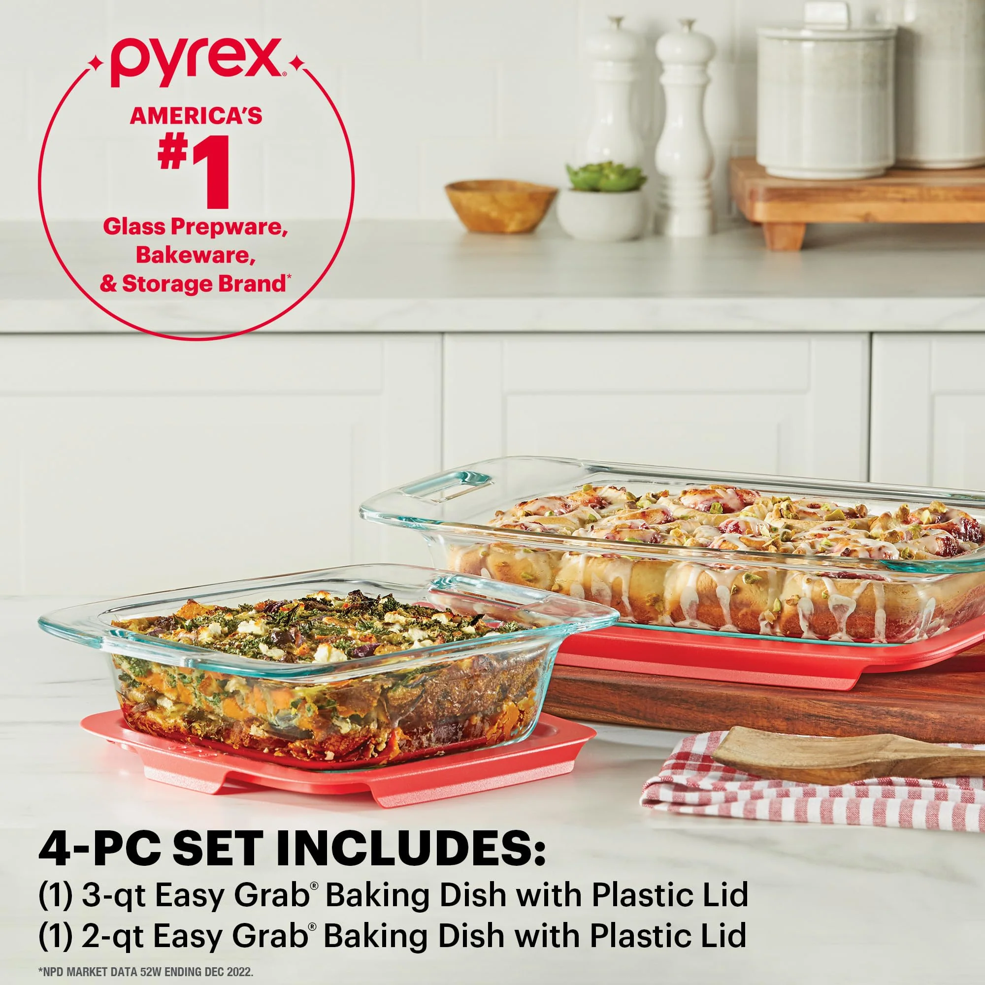 Pyrex 4-Piece Extra Large Glass Baking Dish Set With Lids and Handles, Oven and Freezer Safe - Image 3