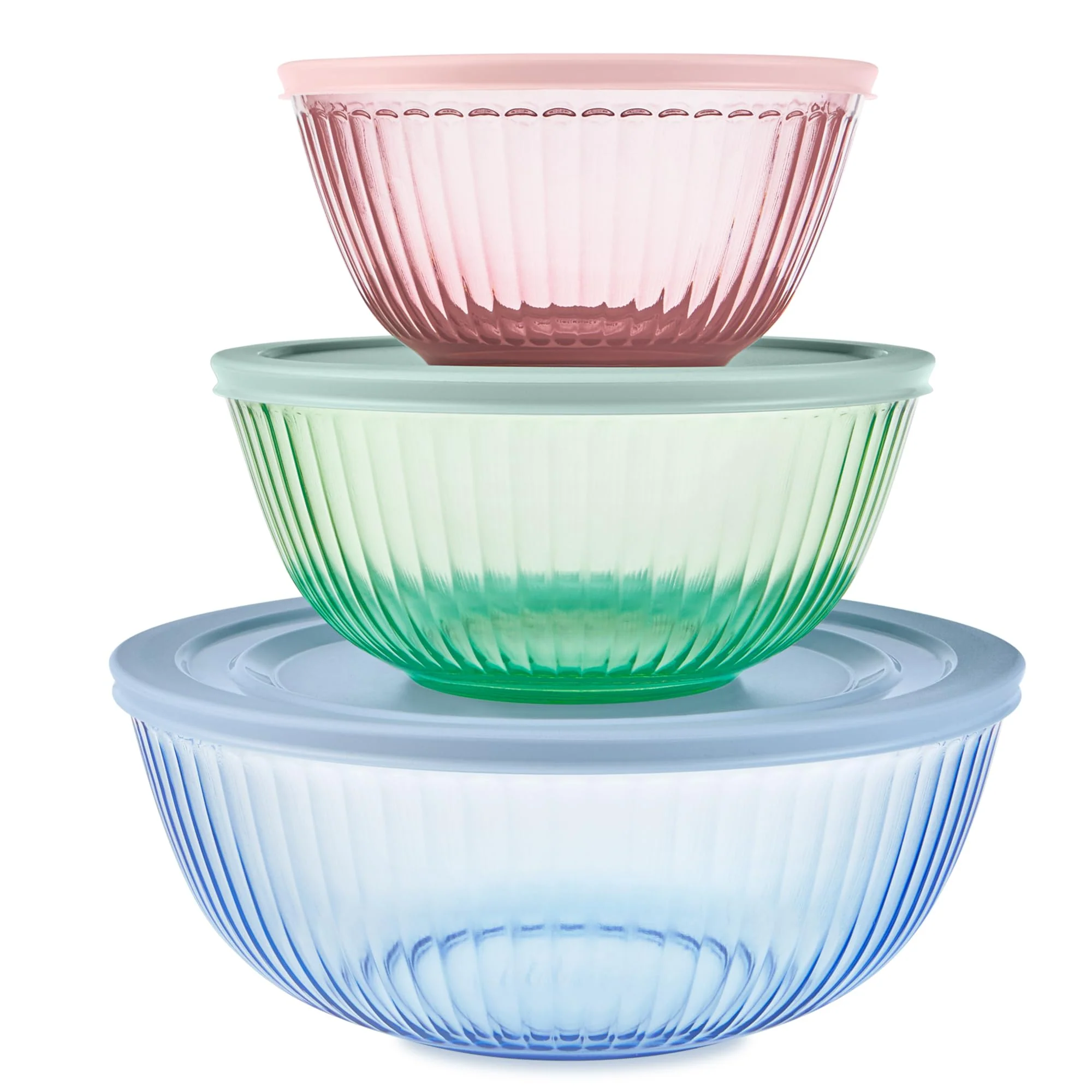 Pyrex Colors (3-Pack, Full Set) Sculpted Tinted Glass Mixing Bowls With Plastic Lids, Nesting Space Saving Set of Bowls For Prepping and Baking, 1.3QT, 2.3QT & 4.5Q, (Pink, Green, Blue)
