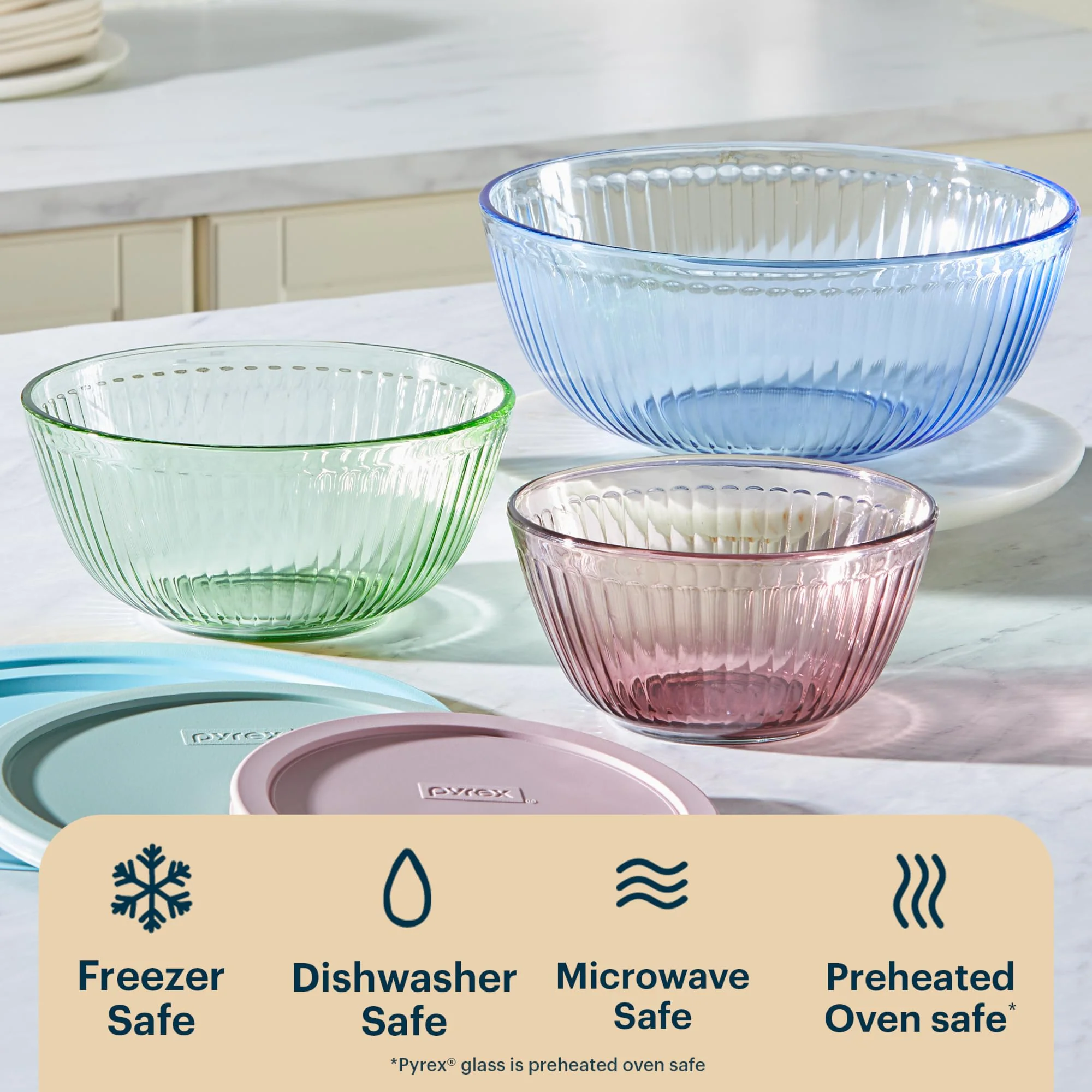 Pyrex Colors (3-Pack, Full Set) Sculpted Tinted Glass Mixing Bowls With Plastic Lids, Nesting Space Saving Set of Bowls For Prepping and Baking, 1.3QT, 2.3QT & 4.5Q, (Pink, Green, Blue) - Image 3