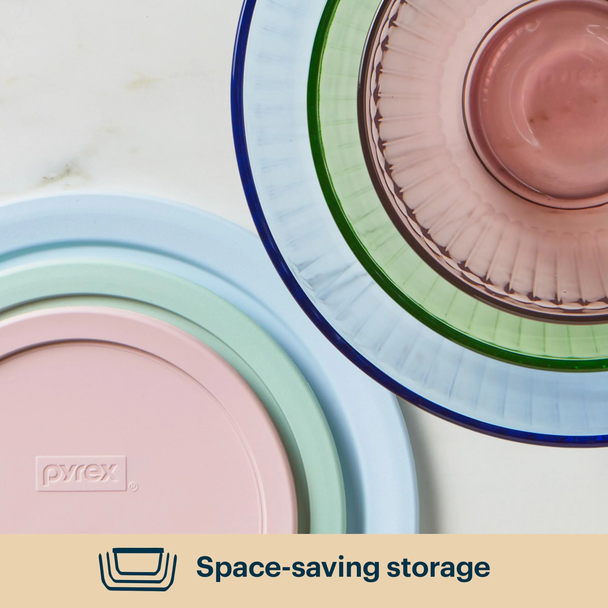 Pyrex Colors (3-Pack, Full Set) Sculpted Tinted Glass Mixing Bowls With Plastic Lids, Nesting Space Saving Set of Bowls For Prepping and Baking, 1.3QT, 2.3QT & 4.5Q, (Pink, Green, Blue) - Image 4