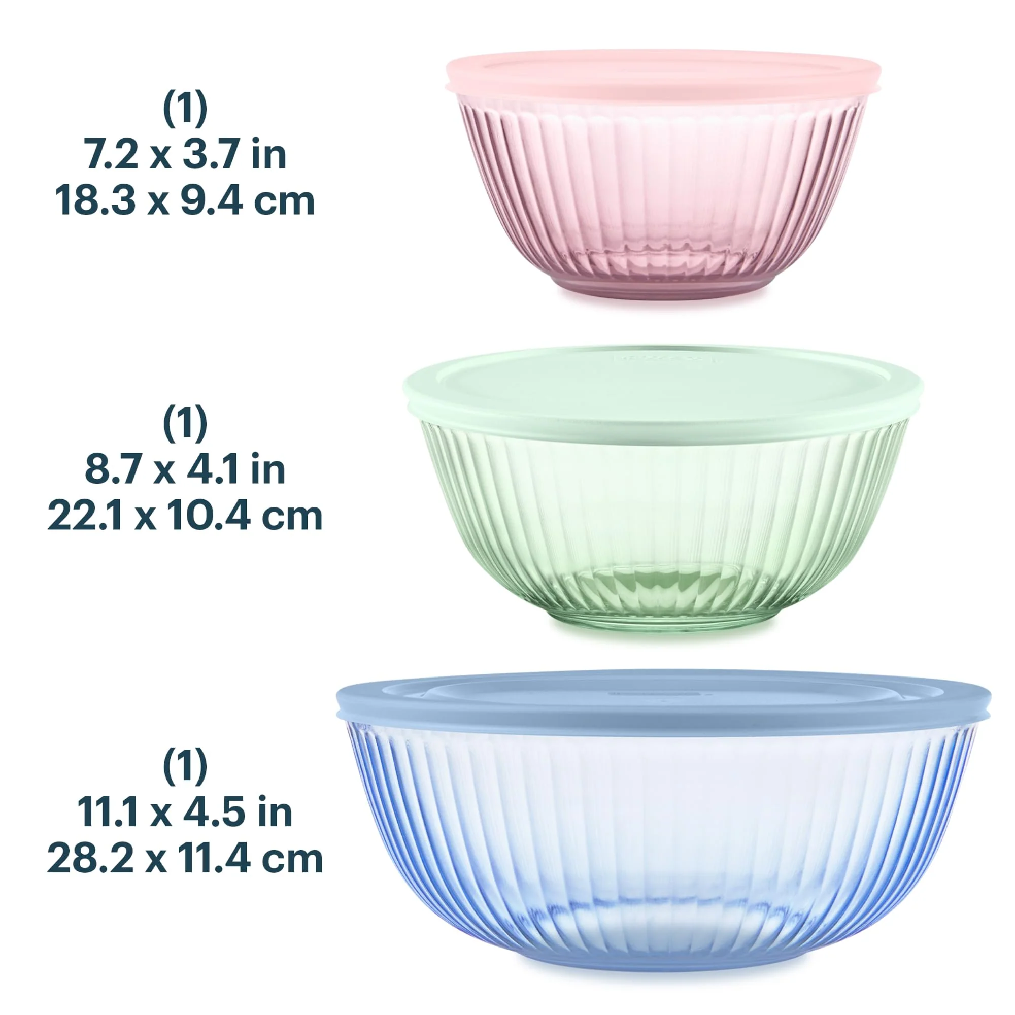 Pyrex Colors (3-Pack, Full Set) Sculpted Tinted Glass Mixing Bowls With Plastic Lids, Nesting Space Saving Set of Bowls For Prepping and Baking, 1.3QT, 2.3QT & 4.5Q, (Pink, Green, Blue) - Image 7