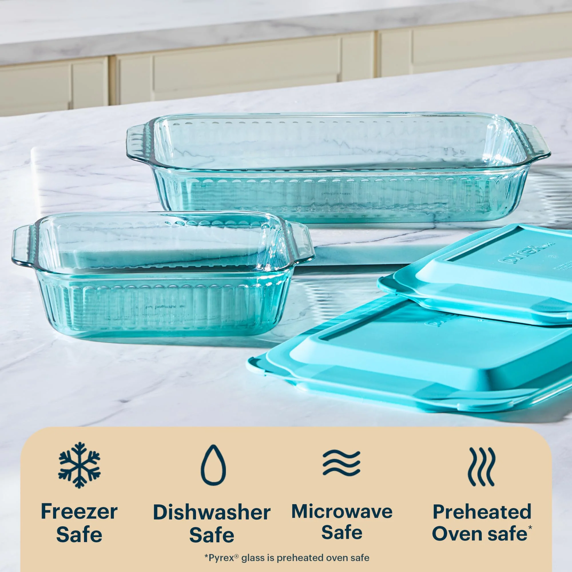 Pyrex Colors Tinted (2-Pack, Full Set) Tinted Glass Baking Dish with BPA-Free Lid, Oblong Bakeware Glass Pan For Casserole & Lasagna, Dishwasher, Freezer, Microwave and Pre-Heated Oven Safe, Aqua - Image 2
