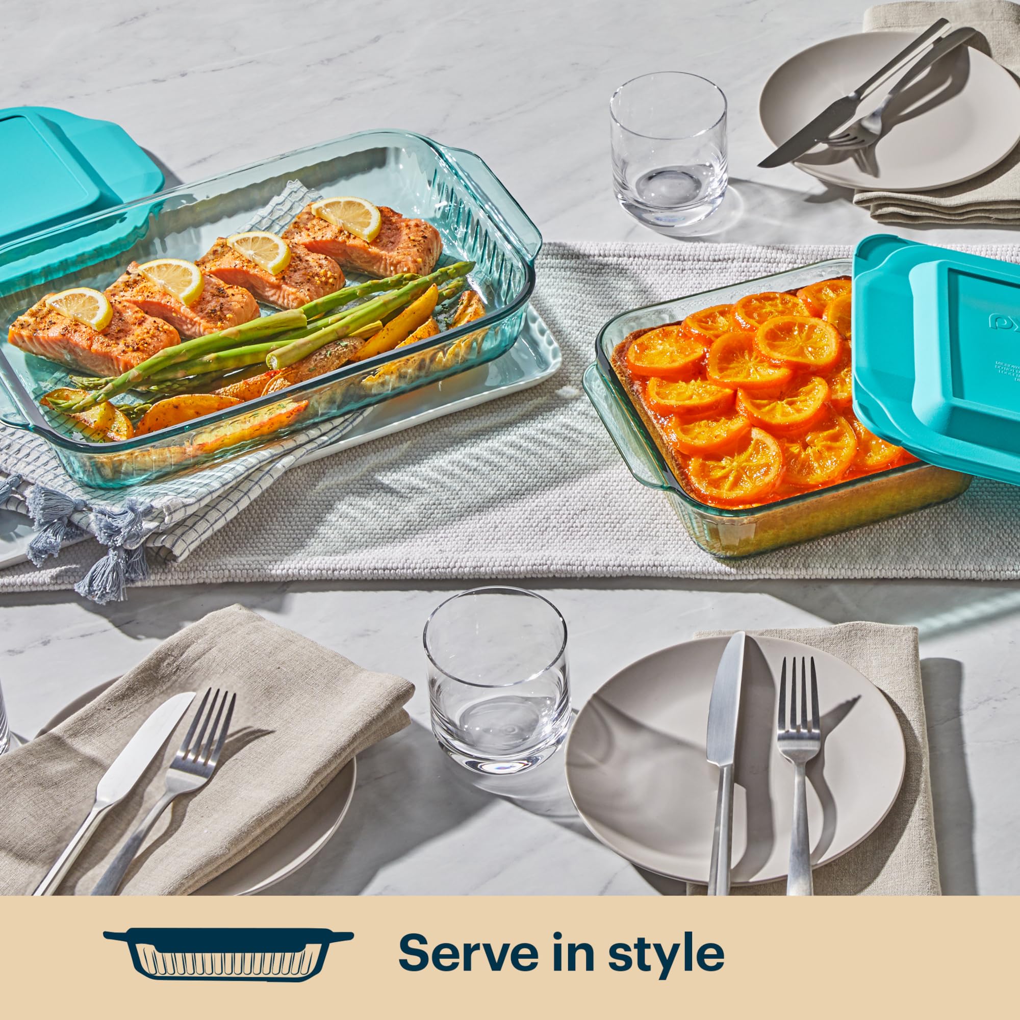 Pyrex Colors Tinted (2-Pack, Full Set) Tinted Glass Baking Dish with BPA-Free Lid, Oblong Bakeware Glass Pan For Casserole & Lasagna, Dishwasher, Freezer, Microwave and Pre-Heated Oven Safe, Aqua - Image 4