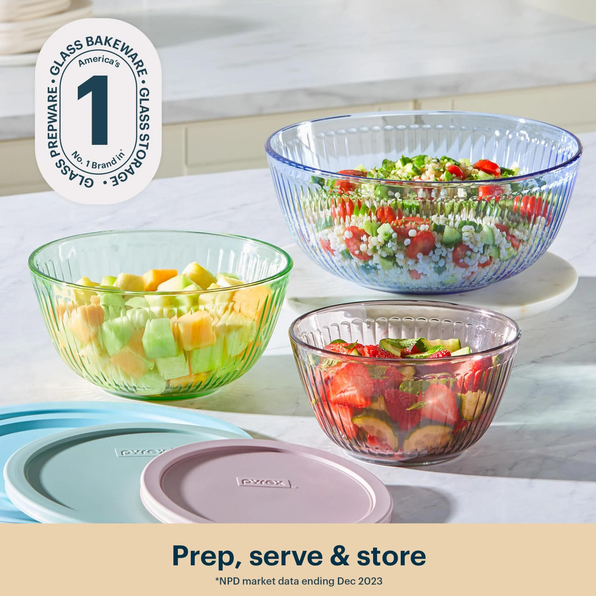 Pyrex Colors Tinted (3-Pack, Full Set) Sculpted Tinted Glass Mixing Bowls With Lids, Nesting Space Saving Set of Bowls For Prepping and Baking, 1.3QT, 2.3QT & 4.5Q, Blue - Image 6