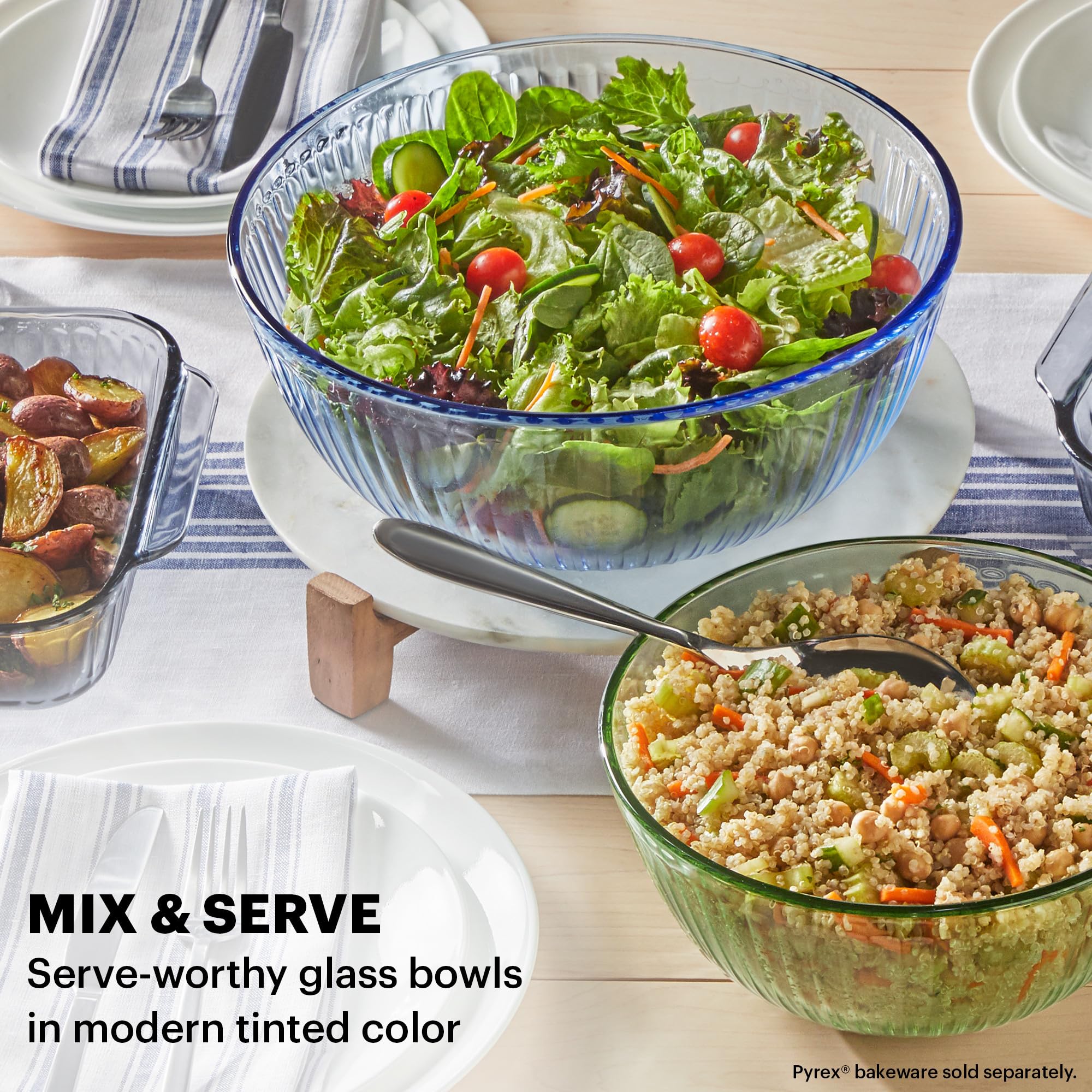 Pyrex Colors Tinted 3-PC, Unlidded Small/Medium/Large Glass Mixing Bowls, Nesting Space Saving Set of Bowls For Prepping and Baking, 1.3QT, 2.3QT & 4.5QT - Image 3