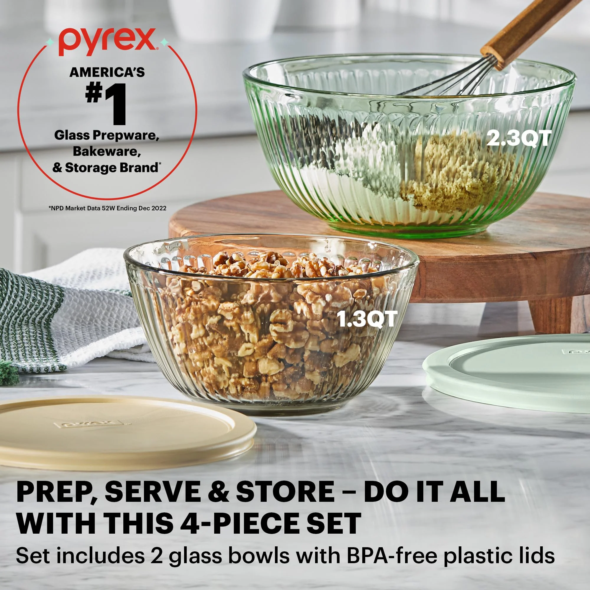 Pyrex Colors Tinted 4-PC, Small/Medium Glass Mixing Bowls With Lids, Nesting Space Saving Set of Bowls For Prepping and Baking, 1.3QT & 2.3QT - Image 5