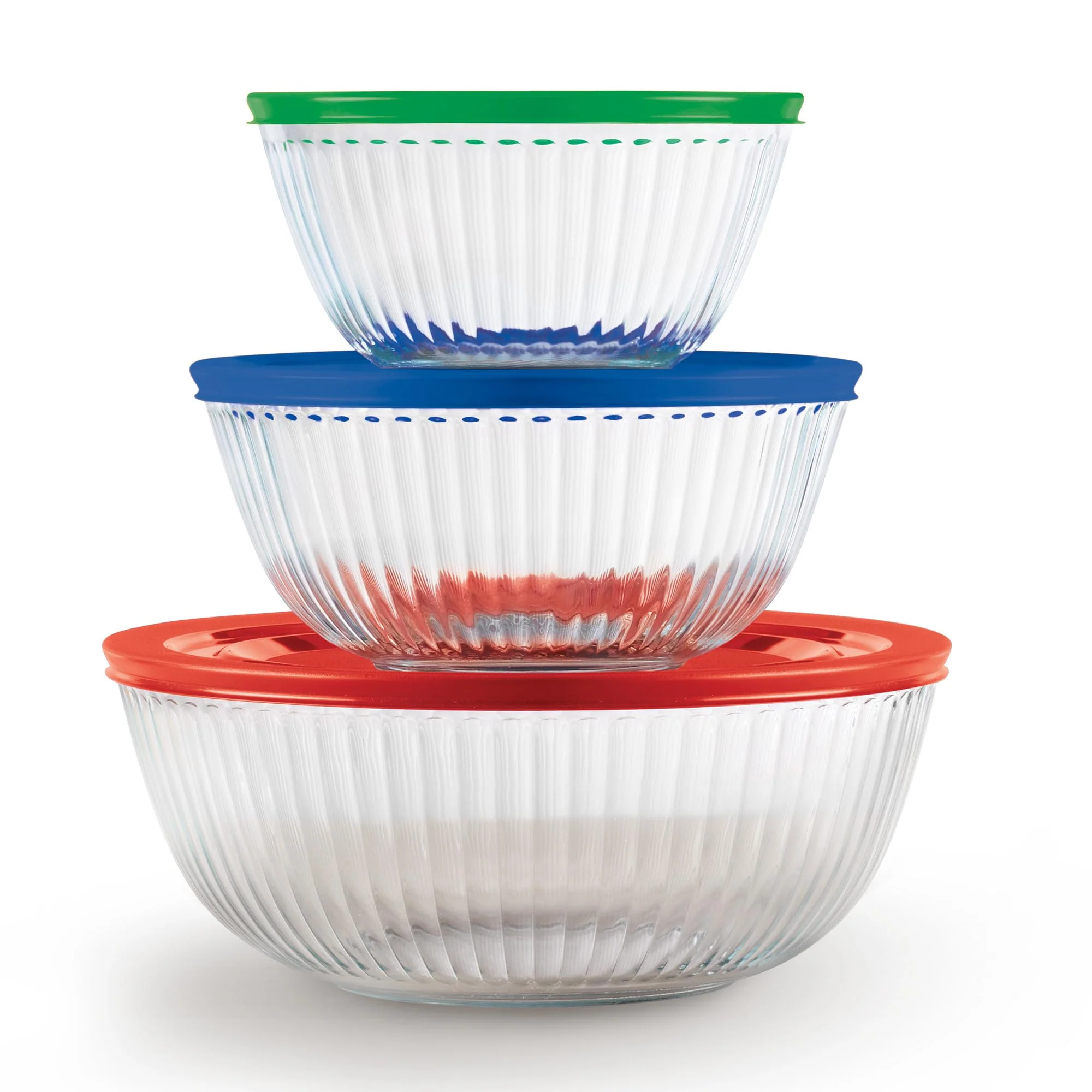 Pyrex Sculpted (3-Pack) Glass Mixing Bowls Set With Plastic Lids For Prepping, Baking and Cooking, Preheated Oven, Dishwasher, Freezer, and Microwave Safe - Image 2