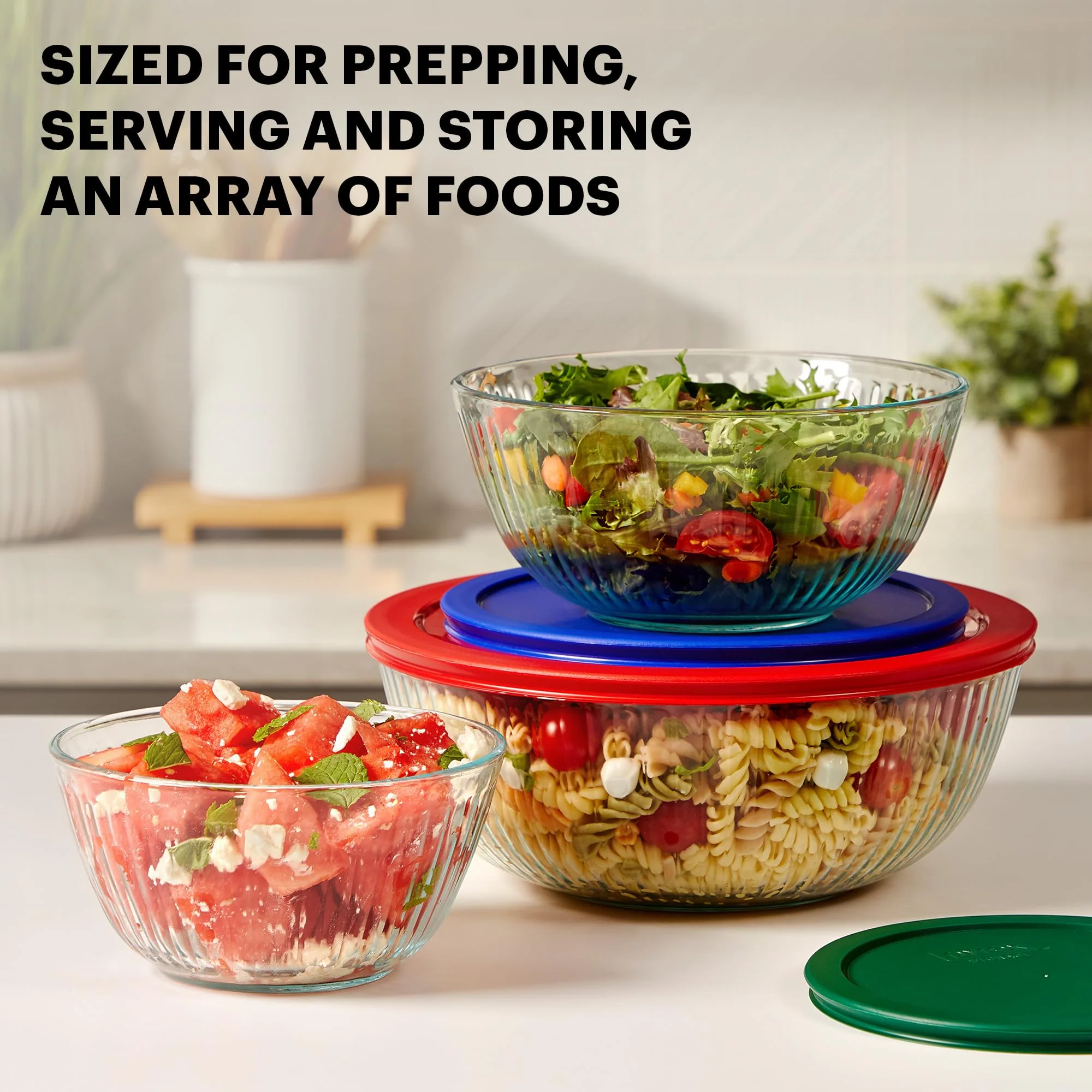 Pyrex Sculpted (3-Pack) Glass Mixing Bowls Set With Plastic Lids For Prepping, Baking and Cooking, Preheated Oven, Dishwasher, Freezer, and Microwave Safe - Image 5