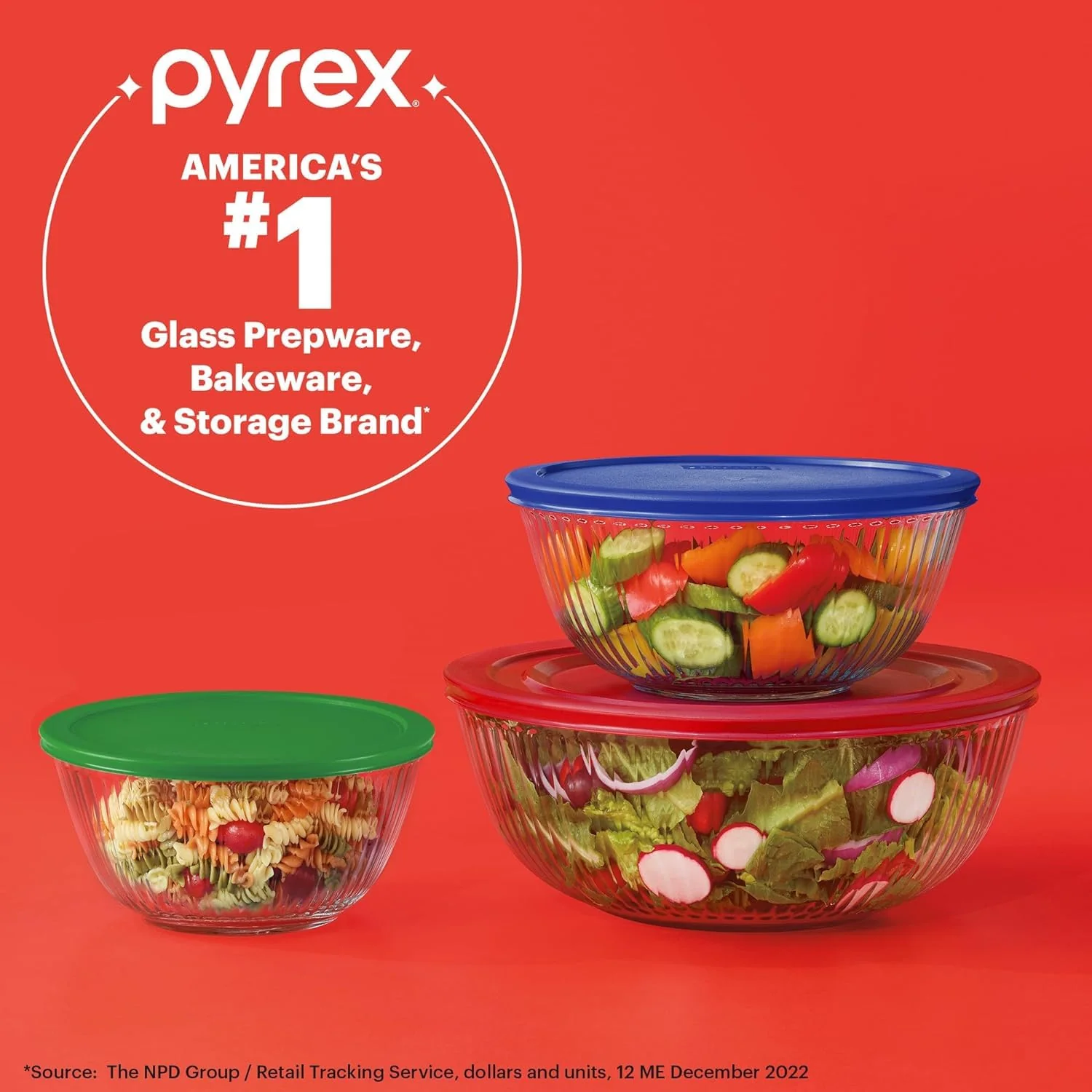 Pyrex Sculpted (3-Pack) Glass Mixing Bowls Set With Plastic Lids For Prepping, Baking and Cooking, Preheated Oven, Dishwasher, Freezer, and Microwave Safe - Image 6