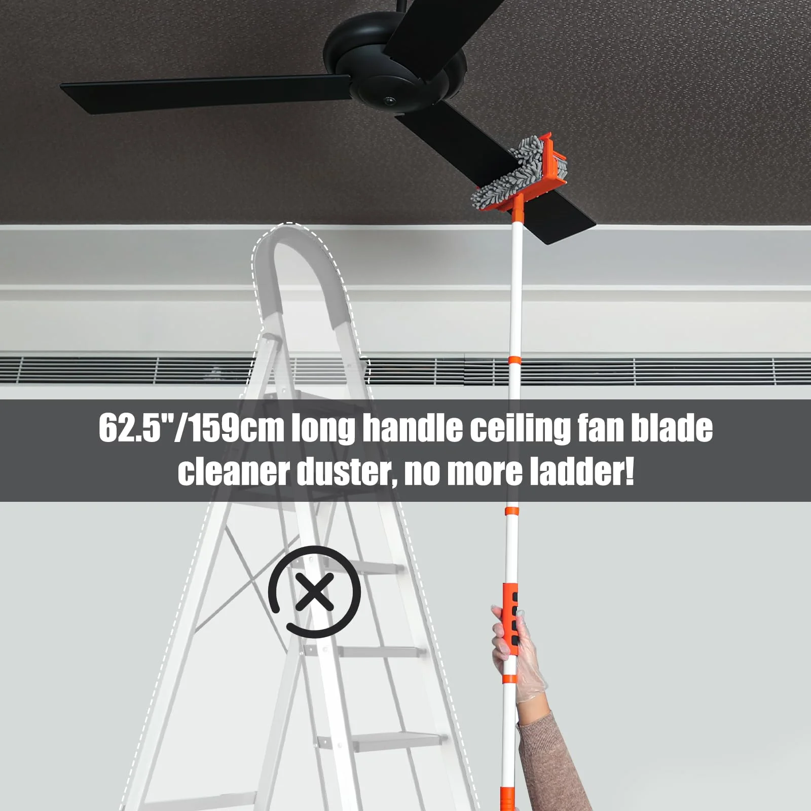 Qaestfy Ceiling Fan Cleaner Duster with 62.5‘’ Extendable Long Handle Ceiling Fan Blade Cleaning Tool, Reusable Chenille & Microfiber Mop Head for Dusting Ceiling Fan Baseboard Wall Floor - Image 7