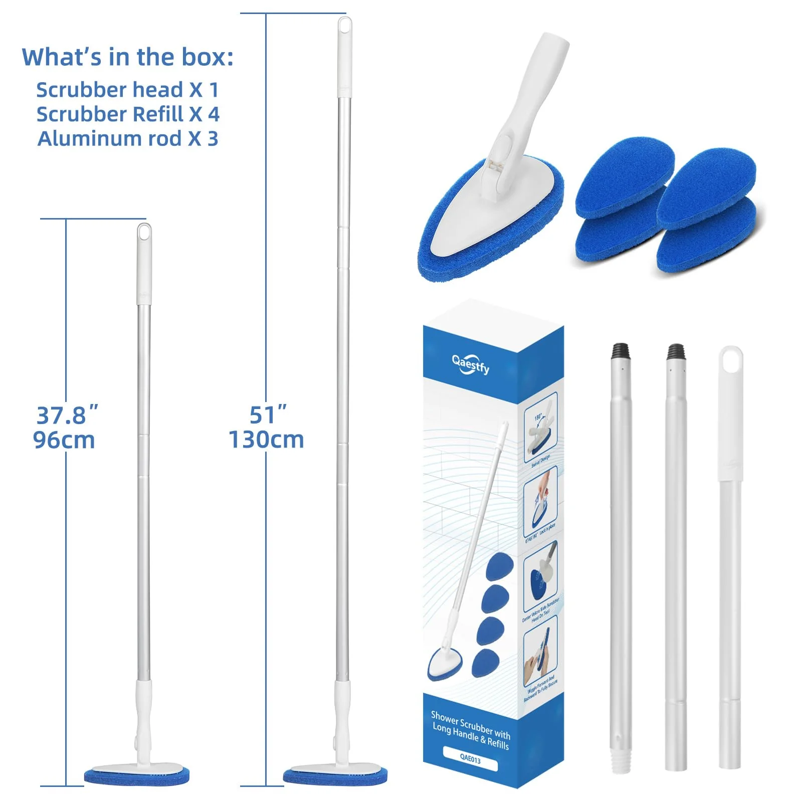 Qaestfy Shower Bathtub Tub Tile Scrubber Cleaning Brush with 51'' Handle, 5 Non-Scratch Scouring Pads, Adjustable Long Handled Scrub Brush for Cleaning Shower Bathroom Vessel Sinks Toilet Wall Floor - Image 3