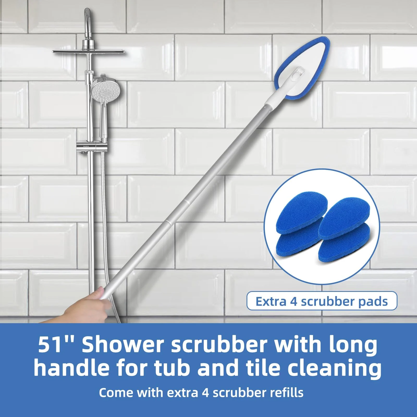 Qaestfy Shower Bathtub Tub Tile Scrubber Cleaning Brush with 51'' Handle, 5 Non-Scratch Scouring Pads, Adjustable Long Handled Scrub Brush for Cleaning Shower Bathroom Vessel Sinks Toilet Wall Floor - Image 7