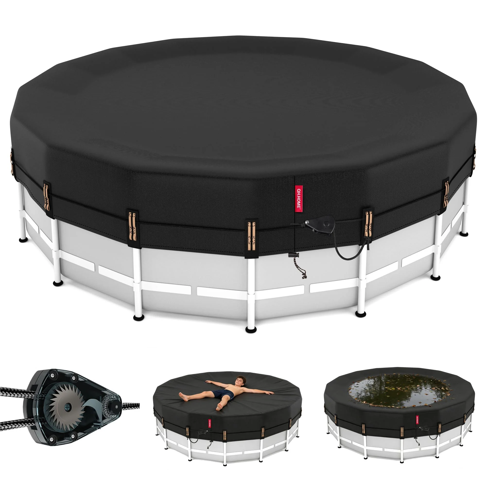 QH.HOME 10 ft Round Pool Cover,Solar Cover for Above Ground Pools - Black Oxford Fabric Heats Water, Blocks Leaves & Sun, Windproof Snug Fit with Patented Ratchet & Weight Rings