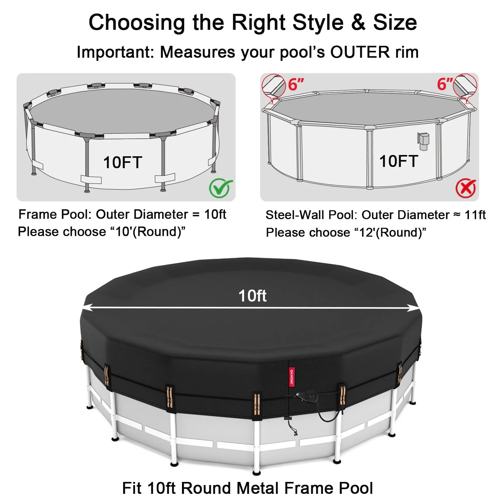 QH.HOME 10 ft Round Pool Cover,Solar Cover for Above Ground Pools - Black Oxford Fabric Heats Water, Blocks Leaves & Sun, Windproof Snug Fit with Patented Ratchet & Weight Rings - Image 8
