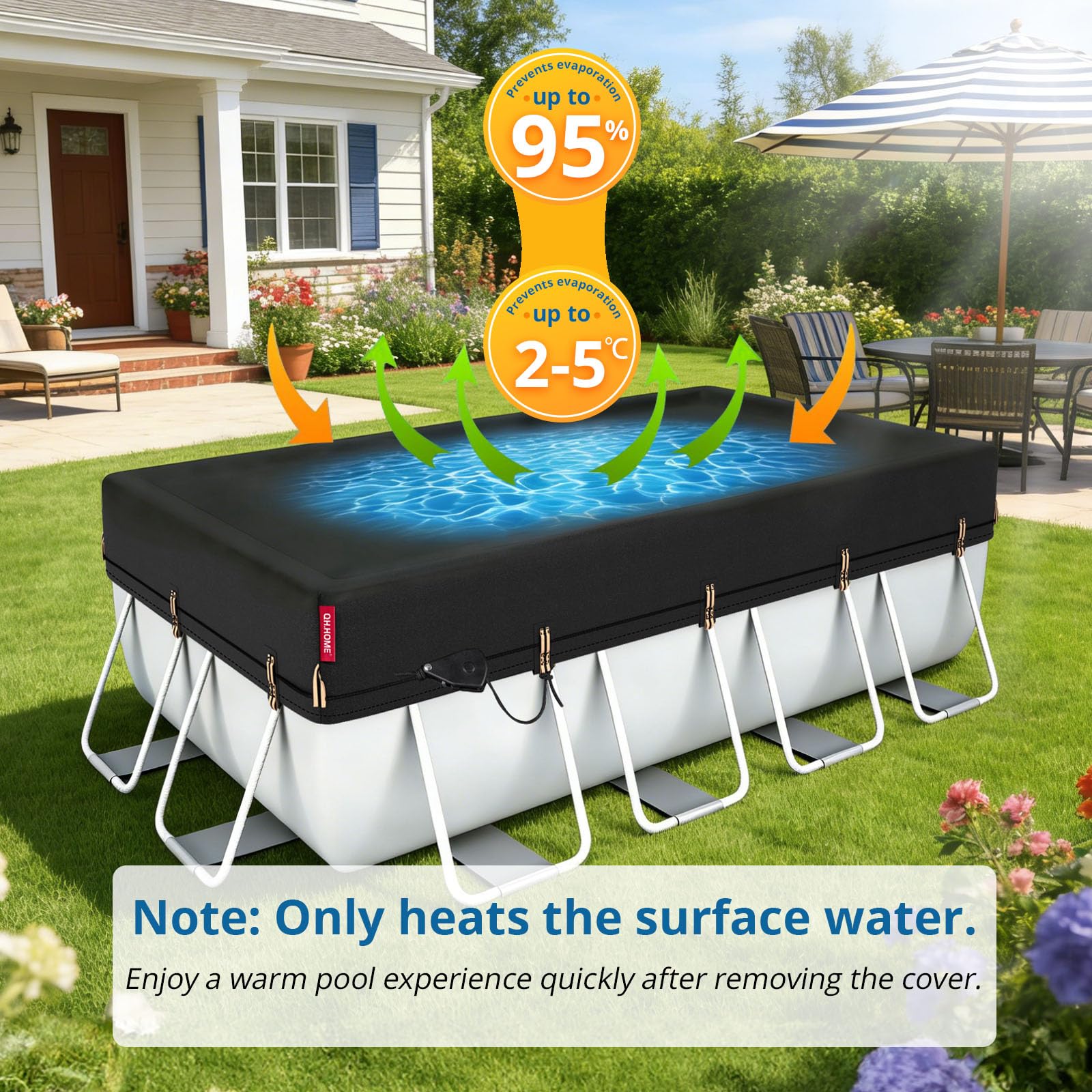 QH.HOME 12x24 ft Rectangular Pool Cover,Solar Cover for Above Ground Pools - Black Oxford Fabric Heats Water, Blocks Leaves & Sun, Windproof Snug Fit with Patented Ratchet & Weight Rings - Image 3