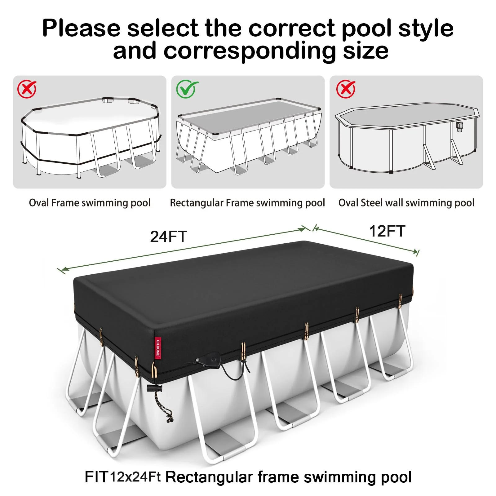 QH.HOME 12x24 ft Rectangular Pool Cover,Solar Cover for Above Ground Pools - Black Oxford Fabric Heats Water, Blocks Leaves & Sun, Windproof Snug Fit with Patented Ratchet & Weight Rings - Image 7