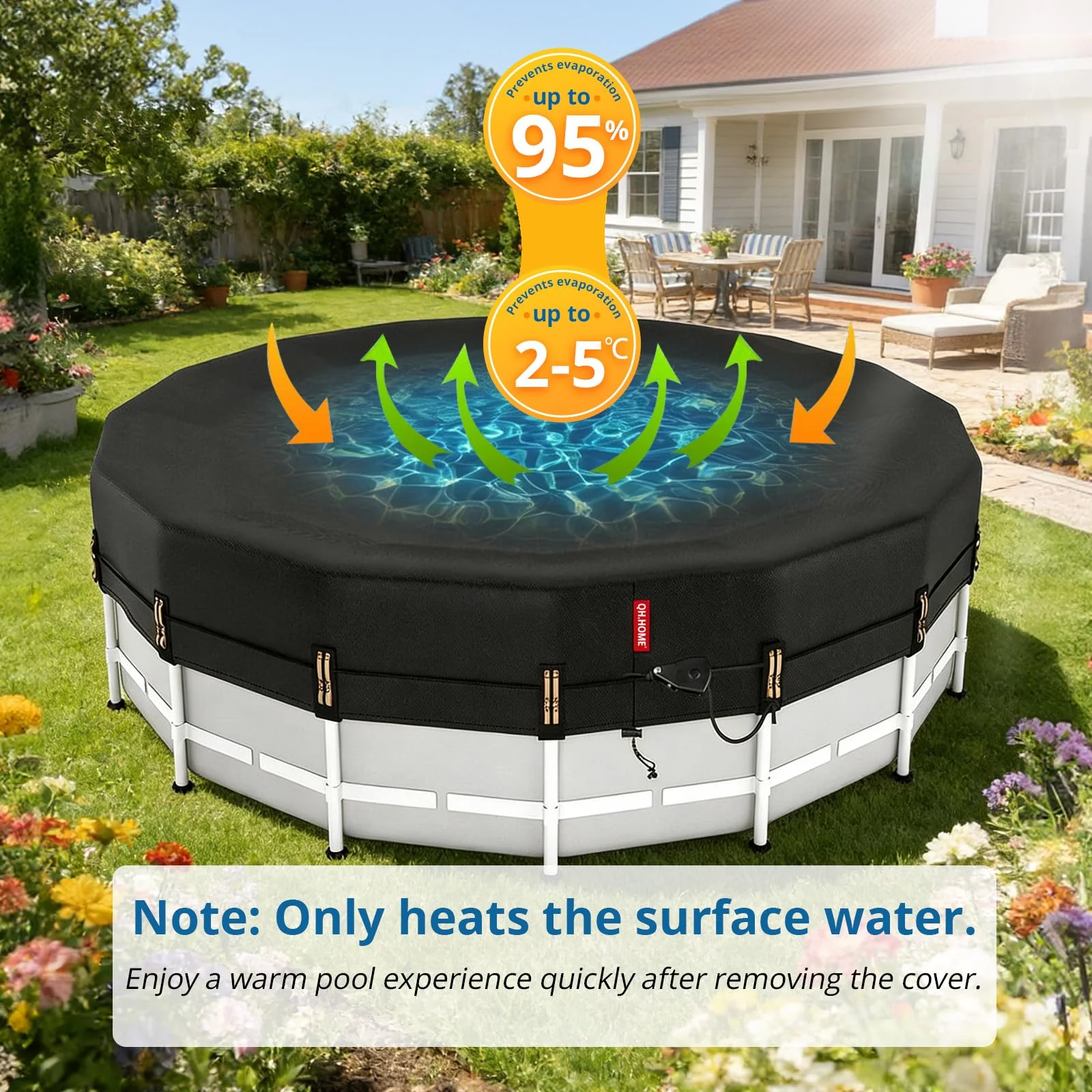 QH.HOME 14 ft Round Pool Cover,Solar Cover for Above Ground Pools - Black Oxford Fabric Heats Water, Blocks Leaves & Sun, Windproof Snug Fit with Patented Ratchet & Weight Rings - Image 3