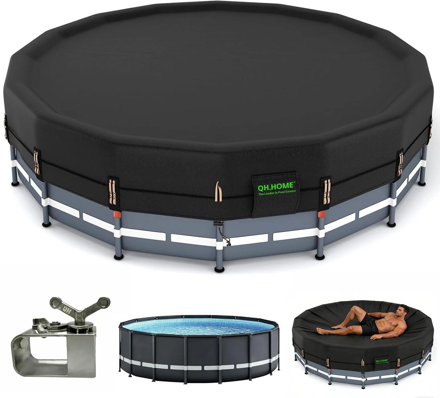 QH.HOME 550D 18Ft Pool Cover Round[Upgraded Tear Resistant & Quadruple Windproof] with Pre-Installed Patented Winch and Velcro, Solar Cover for Above Ground Pool-Snug Fit & Waterproof Protection