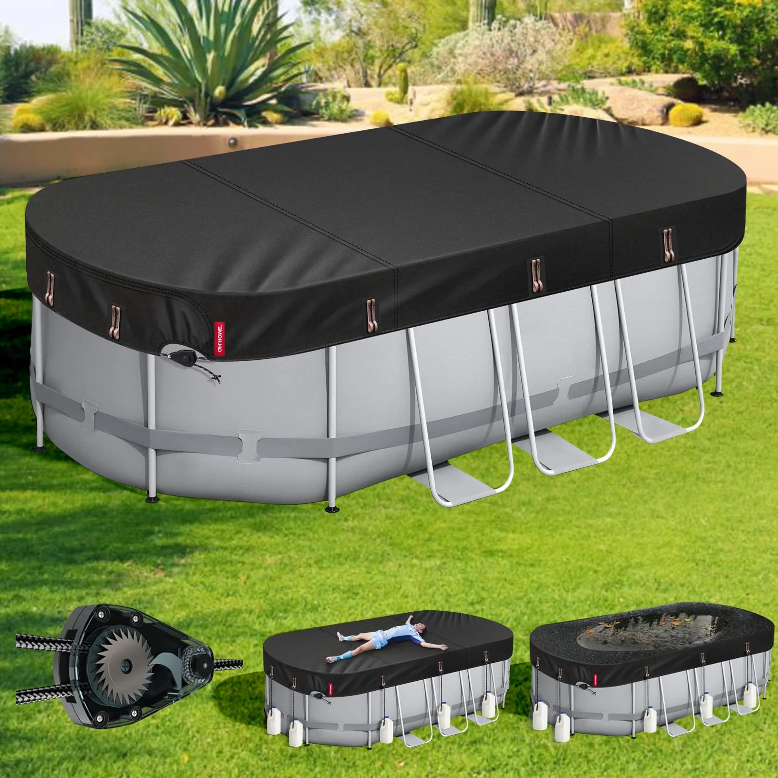 QH.HOME 8.2X14 ft Oval Pool Cover,Solar Cover for Above Ground Pools - Black Oxford Fabric Heats Water, Blocks Leaves & Sun, Windproof Snug Fit with Patented Ratchet & Weight Rings