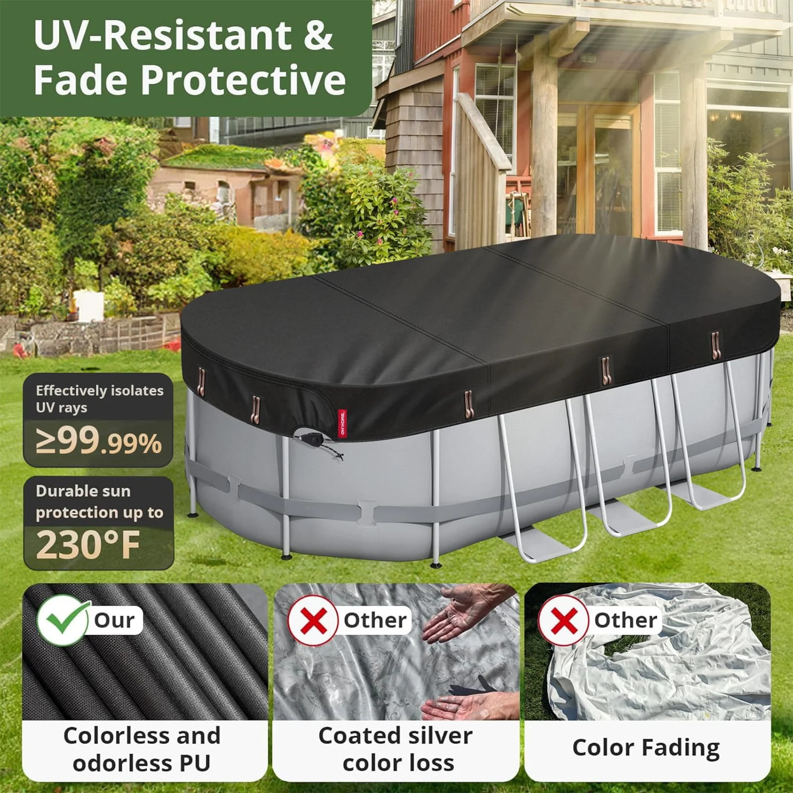 QH.HOME 8.2X14 ft Oval Pool Cover,Solar Cover for Above Ground Pools - Black Oxford Fabric Heats Water, Blocks Leaves & Sun, Windproof Snug Fit with Patented Ratchet & Weight Rings - Image 4