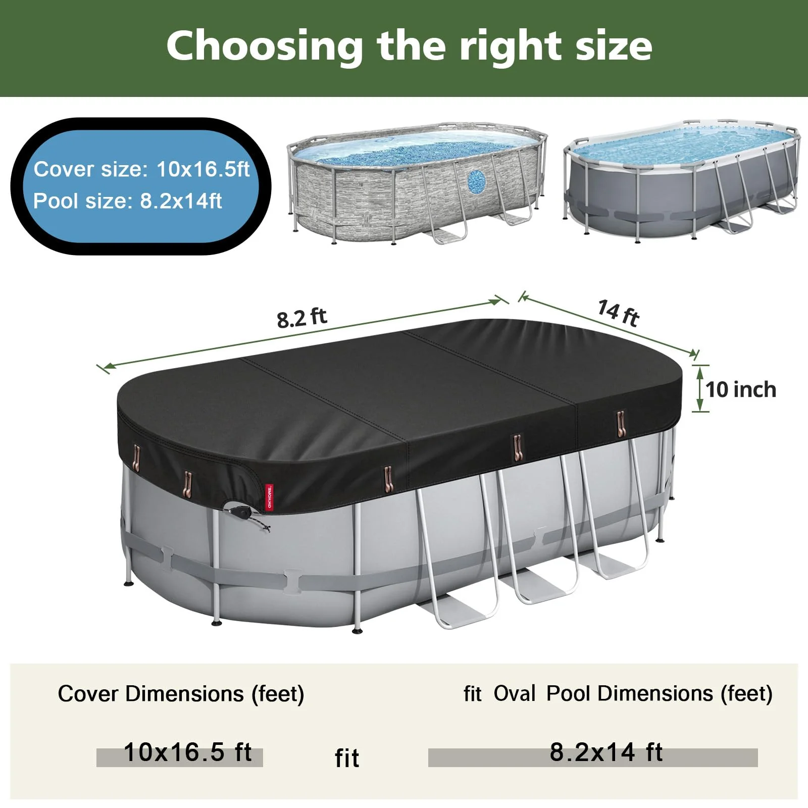 QH.HOME 8.2X14 ft Oval Pool Cover,Solar Cover for Above Ground Pools - Black Oxford Fabric Heats Water, Blocks Leaves & Sun, Windproof Snug Fit with Patented Ratchet & Weight Rings - Image 8