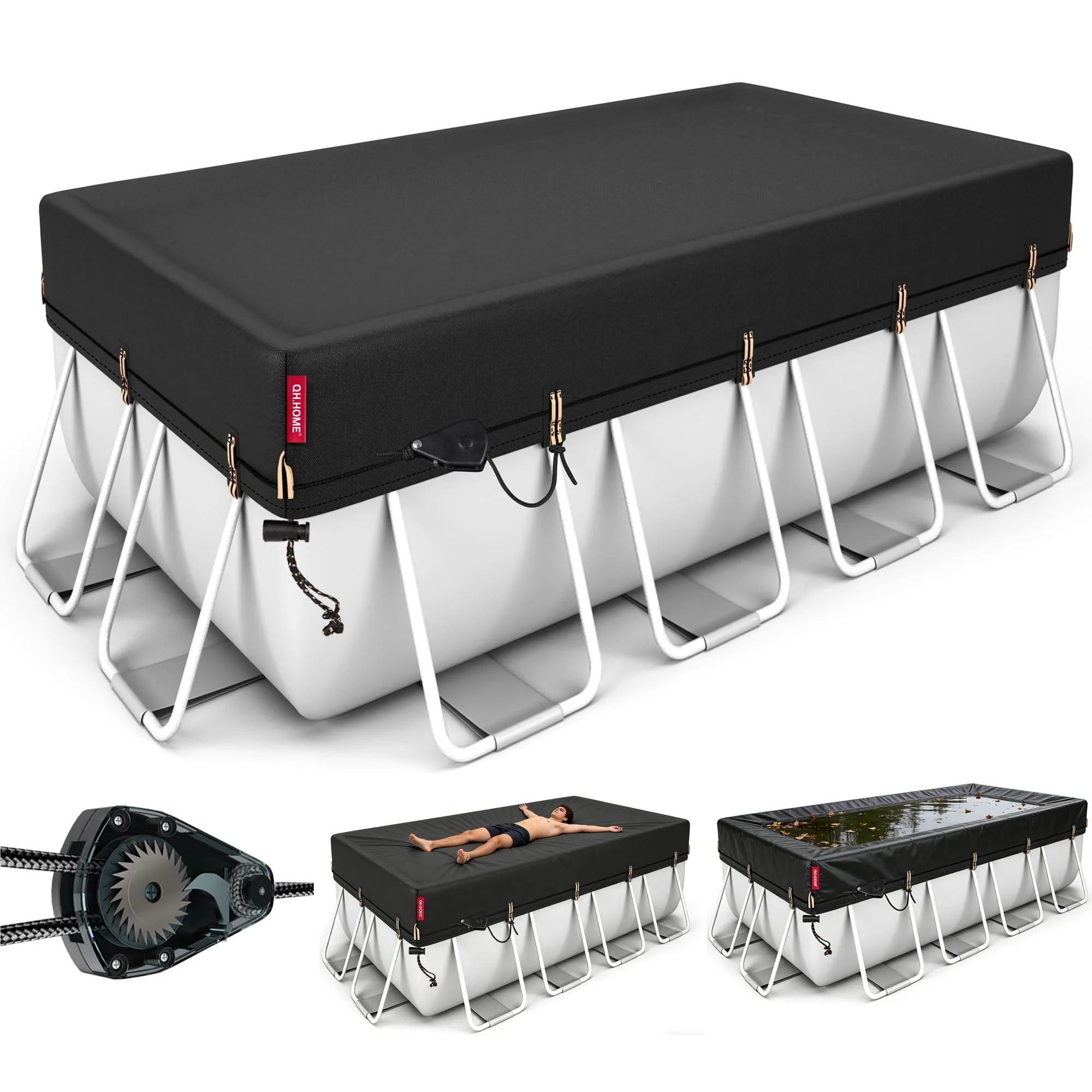 QH.HOME 9x18 ft Rectangular Pool Cover,Solar Cover for Above Ground Pools - Black Oxford Fabric Heats Water, Blocks Leaves & Sun, Windproof Snug Fit with Patented Ratchet & Weight Rings