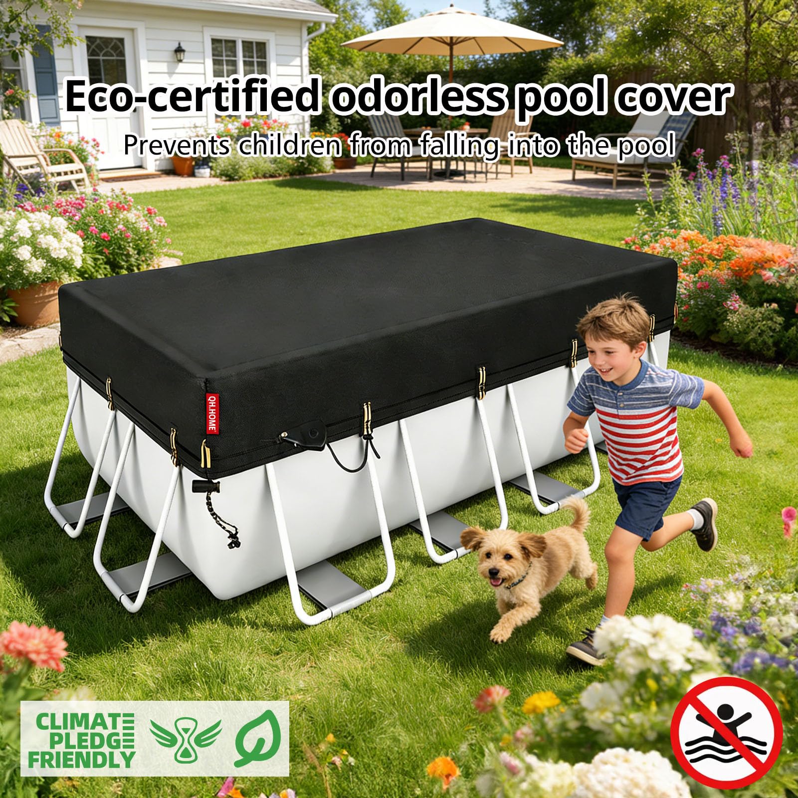 QH.HOME 9x18 ft Rectangular Pool Cover,Solar Cover for Above Ground Pools - Black Oxford Fabric Heats Water, Blocks Leaves & Sun, Windproof Snug Fit with Patented Ratchet & Weight Rings - Image 2