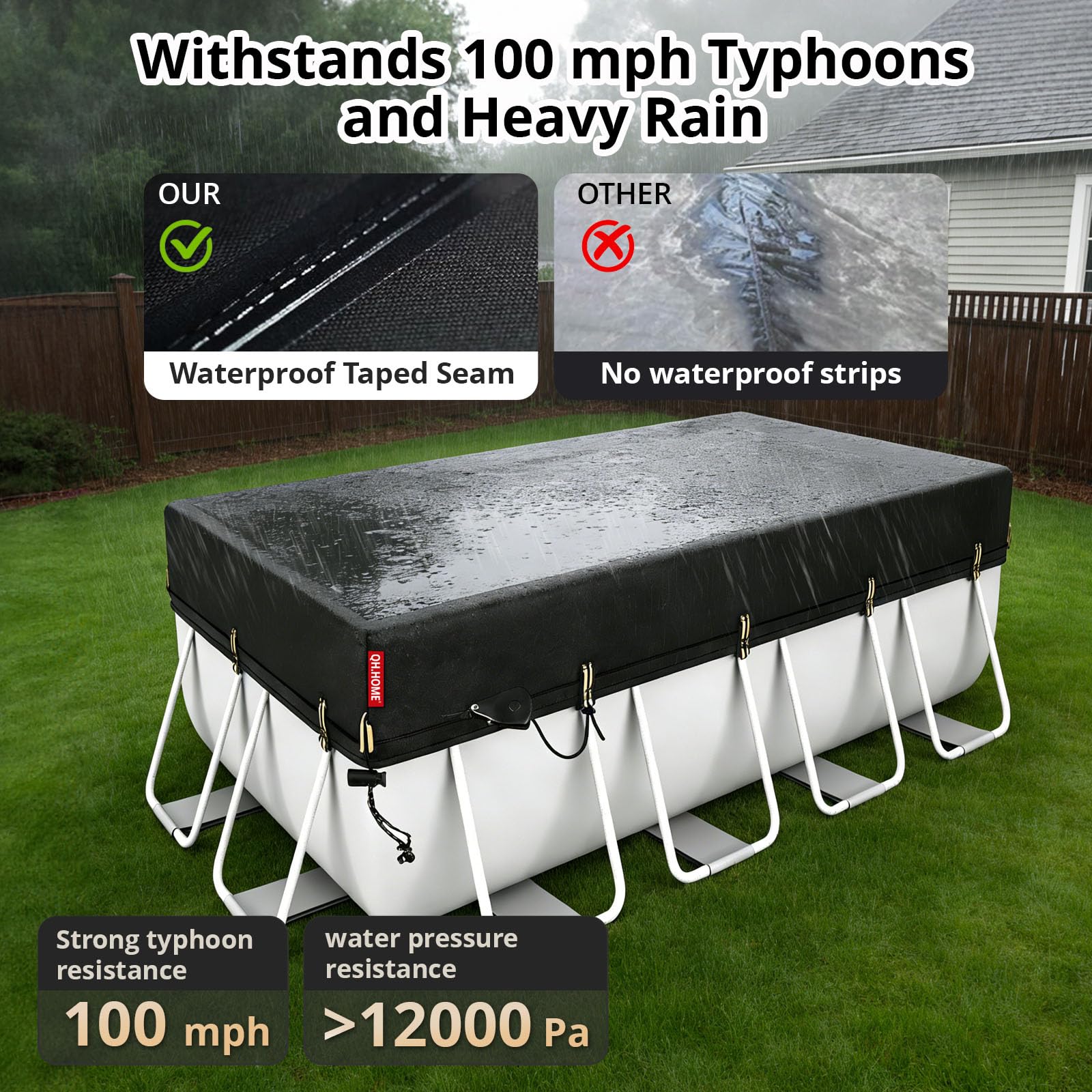 QH.HOME 9x18 ft Rectangular Pool Cover,Solar Cover for Above Ground Pools - Black Oxford Fabric Heats Water, Blocks Leaves & Sun, Windproof Snug Fit with Patented Ratchet & Weight Rings - Image 6