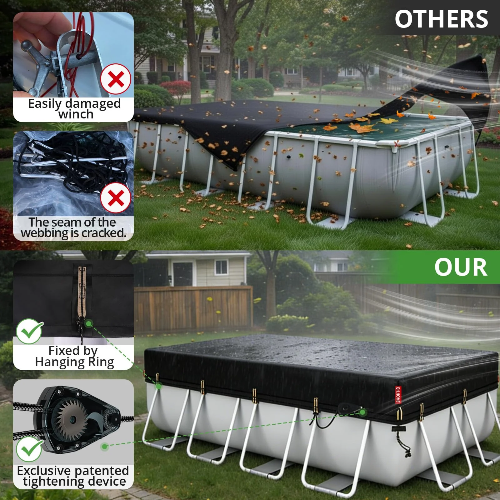 QH.HOME 9x18 ft Rectangular Pool Cover,Solar Cover for Above Ground Pools - Black Oxford Fabric Heats Water, Blocks Leaves & Sun, Windproof Snug Fit with Patented Ratchet & Weight Rings - Image 7