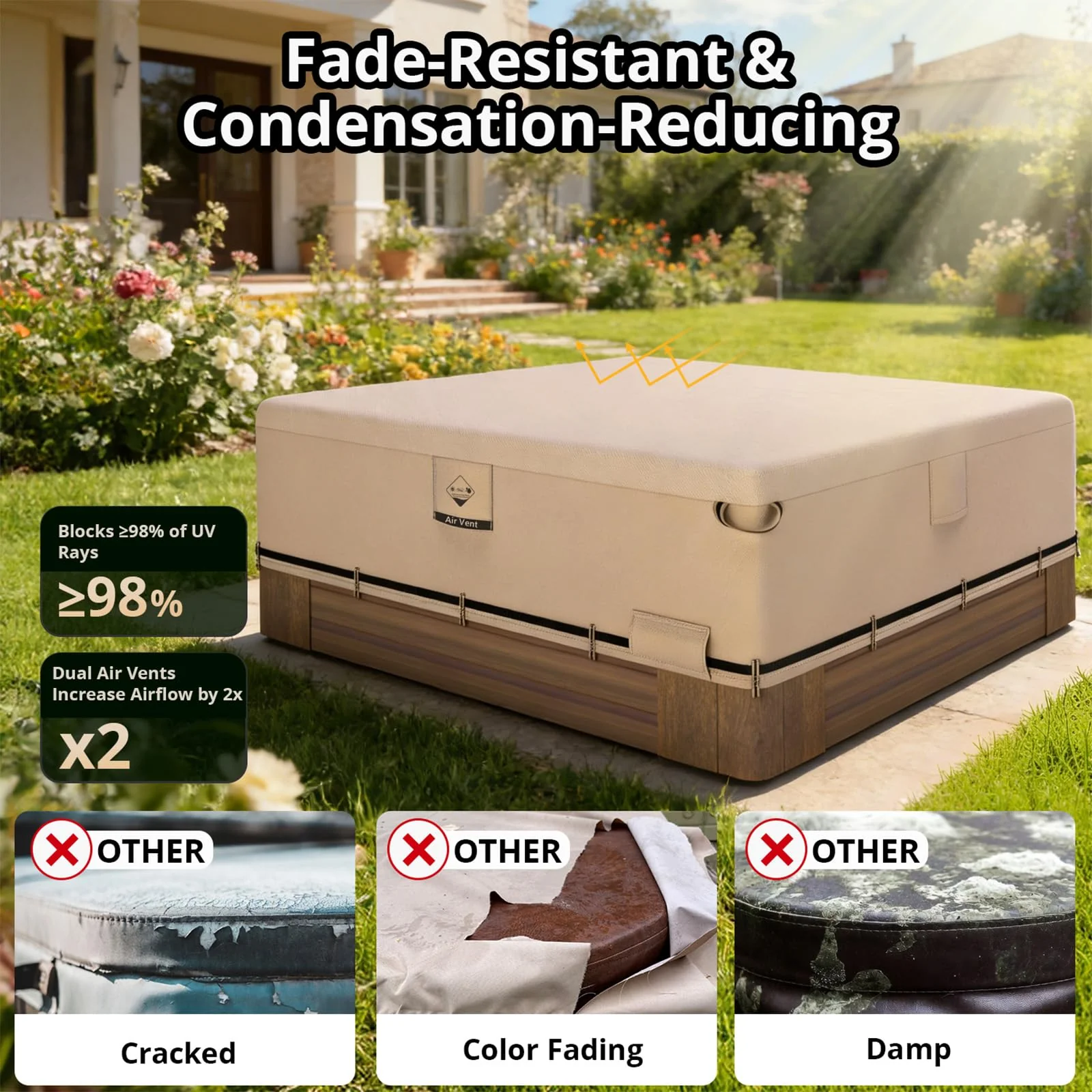 QH.HOME Hot Tub Cover Replacement 85"x85", Waterproof & Weatherproof 600D Polyester Spa Cover for Hot Tub, UV Resistant, Windproof with Ratchet Strap System, Fits 84 x 84, 82 x 82 or 81 x 81 Square - Image 3