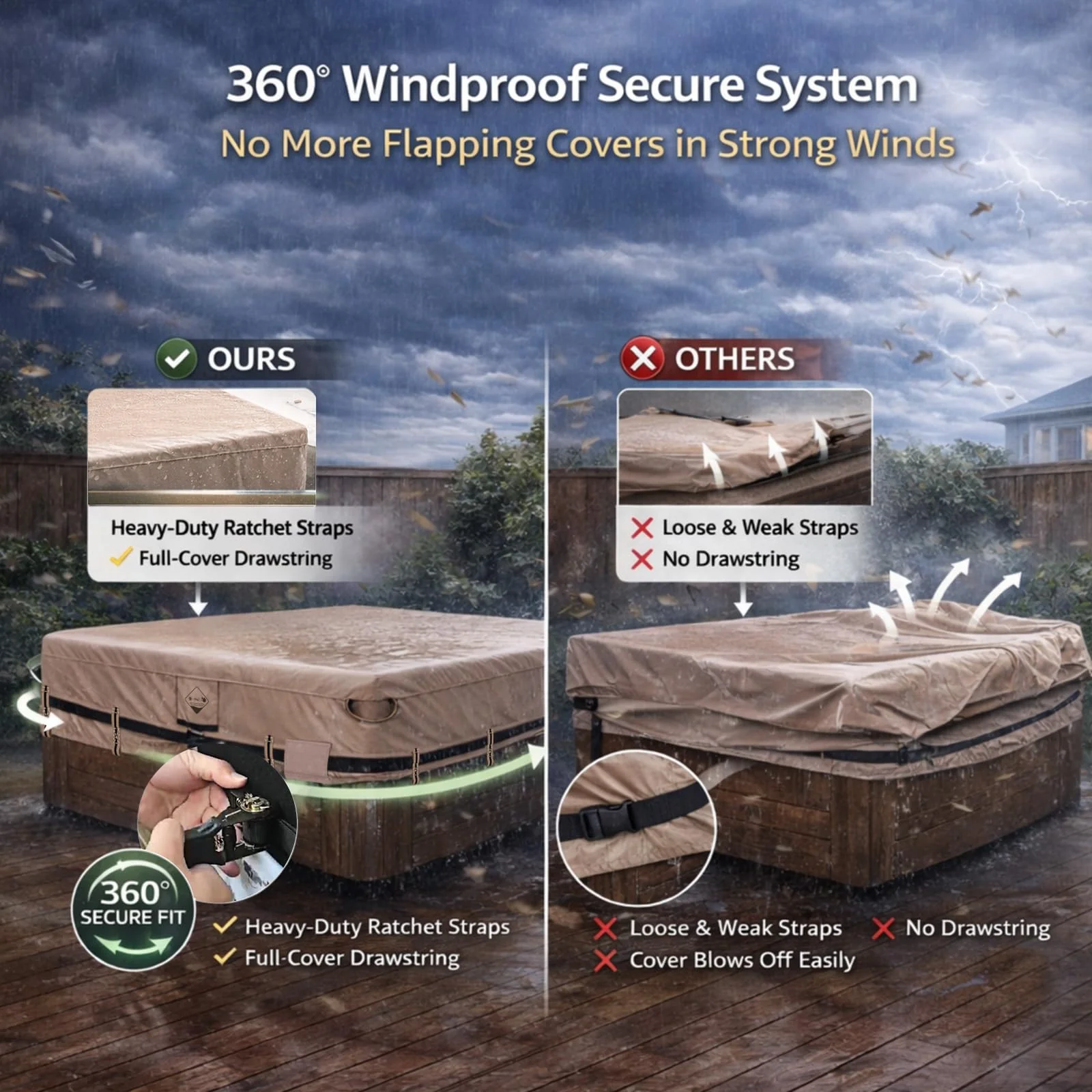 QH.HOME Hot Tub Cover Replacement 85"x85", Waterproof & Weatherproof 600D Polyester Spa Cover for Hot Tub, UV Resistant, Windproof with Ratchet Strap System, Fits 84 x 84, 82 x 82 or 81 x 81 Square - Image 4