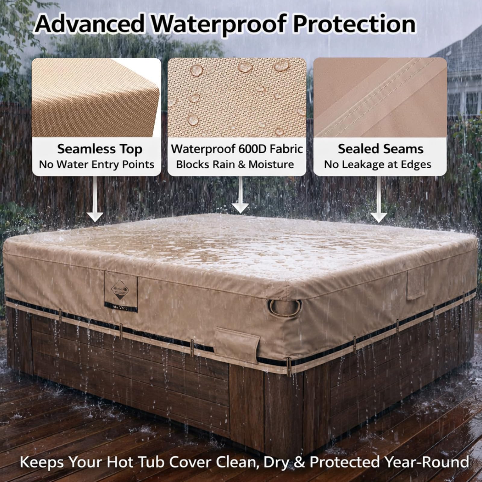 QH.HOME Hot Tub Cover Replacement 85"x85", Waterproof & Weatherproof 600D Polyester Spa Cover for Hot Tub, UV Resistant, Windproof with Ratchet Strap System, Fits 84 x 84, 82 x 82 or 81 x 81 Square - Image 6