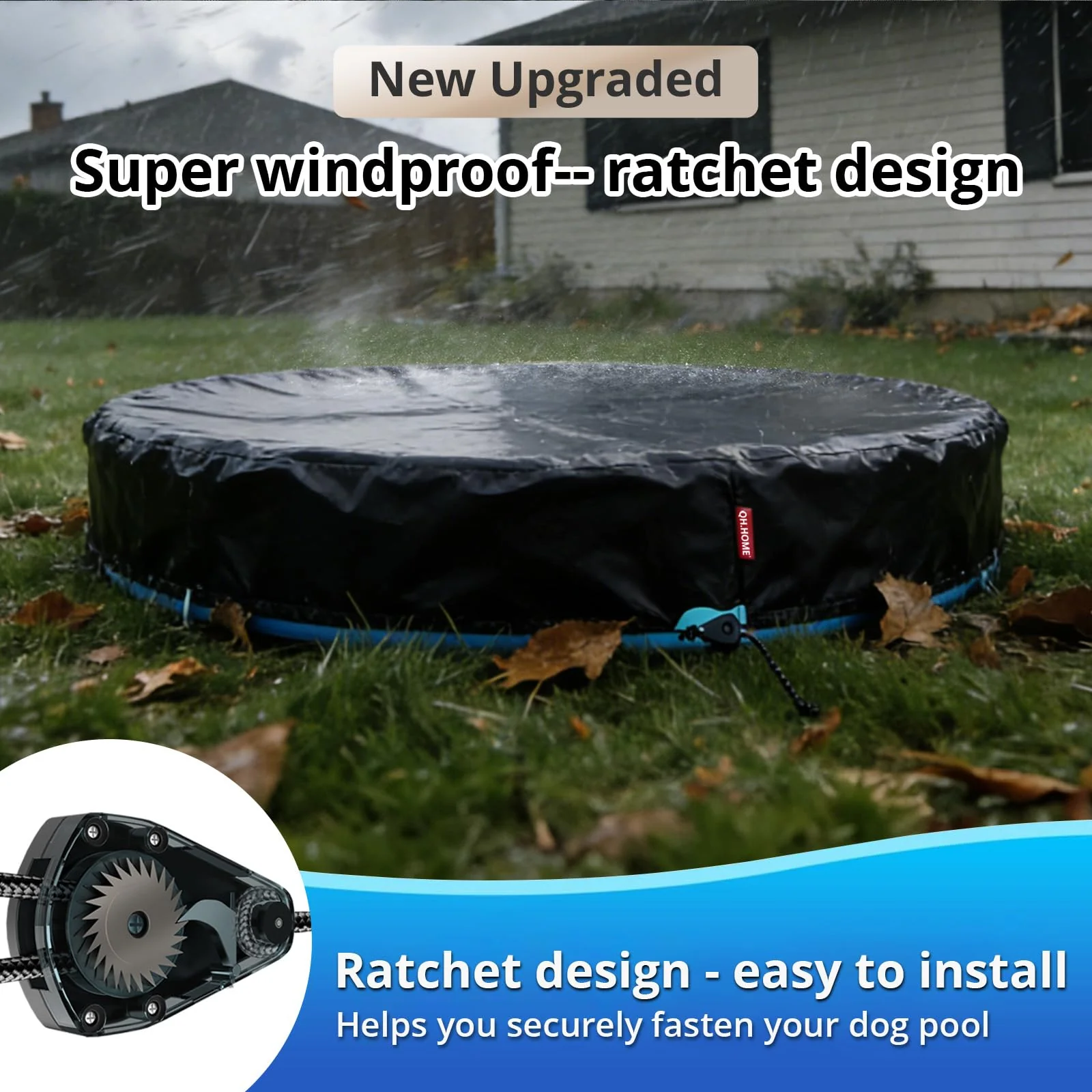 QH.HOME[2026 Upgraded Windproof] 71-72 inch Kiddie Pool Cover Round, Collapsible Dog Pool Cover with Super Windproof Ratchet Design, Odorless Waterproof Fabric Material and - Only Cover - Image 6