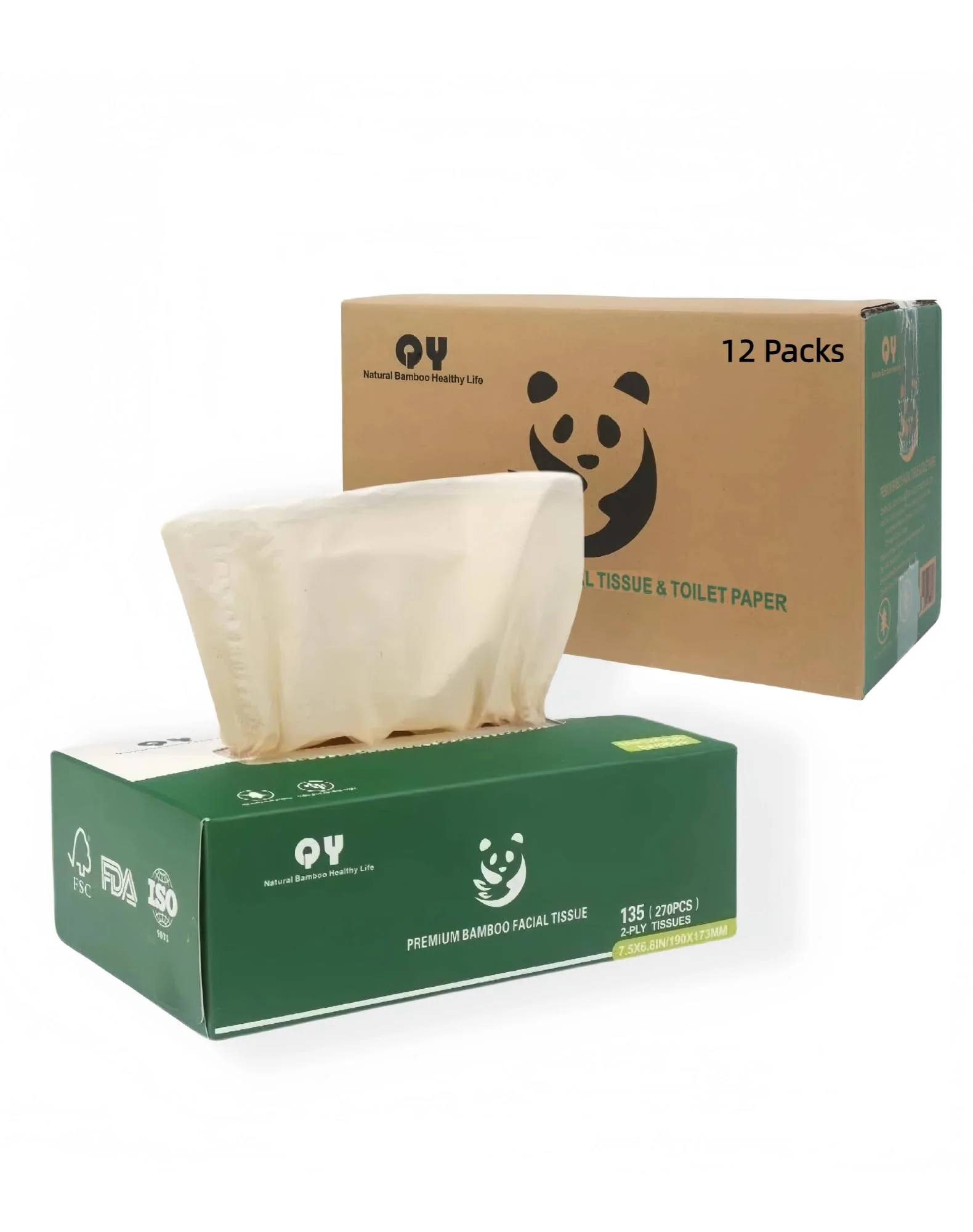 QingYa Unbleached Bamboo Facial Tissues - 12 Boxes of 100% Natural, Hypoallergenic, 134 Sheets per Box, FSC Certified, Eco - Friendly, Ultra - Soft & Gentle for Everyday Home and Office Use - Image 2