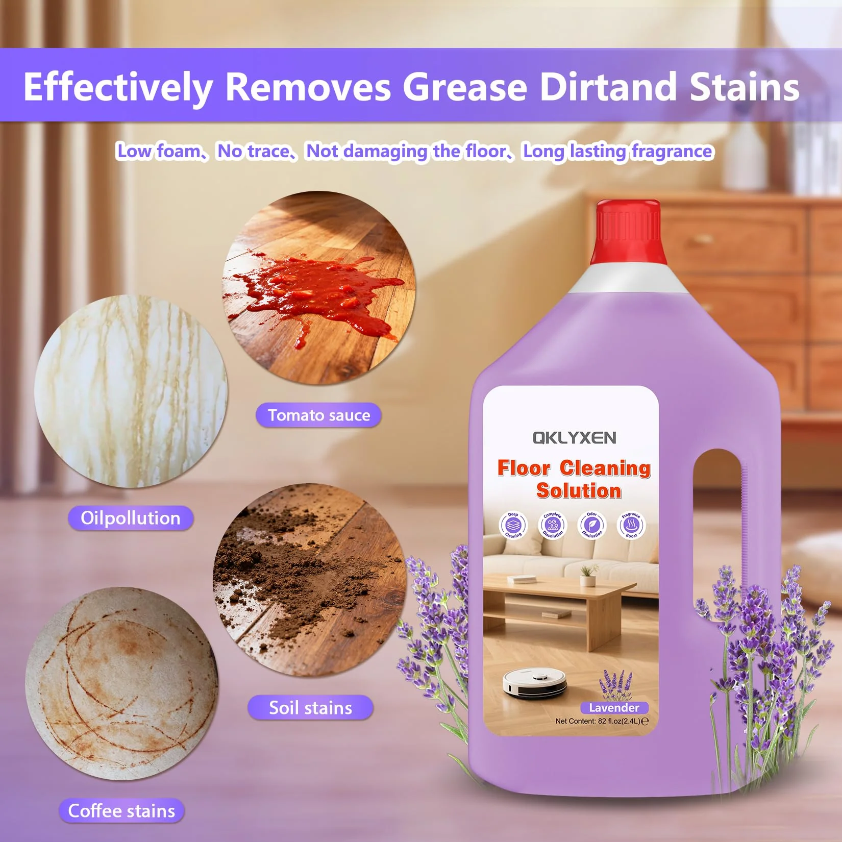 QKLYXEN Floor Cleaning Solution Compatible with Roborock – 82 FL OZ Lavender Floor Cleaner – Rich, Long-lasting Fragrance, – For All Robot Vacuums with Mopping & Cordless Wet/Dry Vacuum Mop Cleaner - Image 4