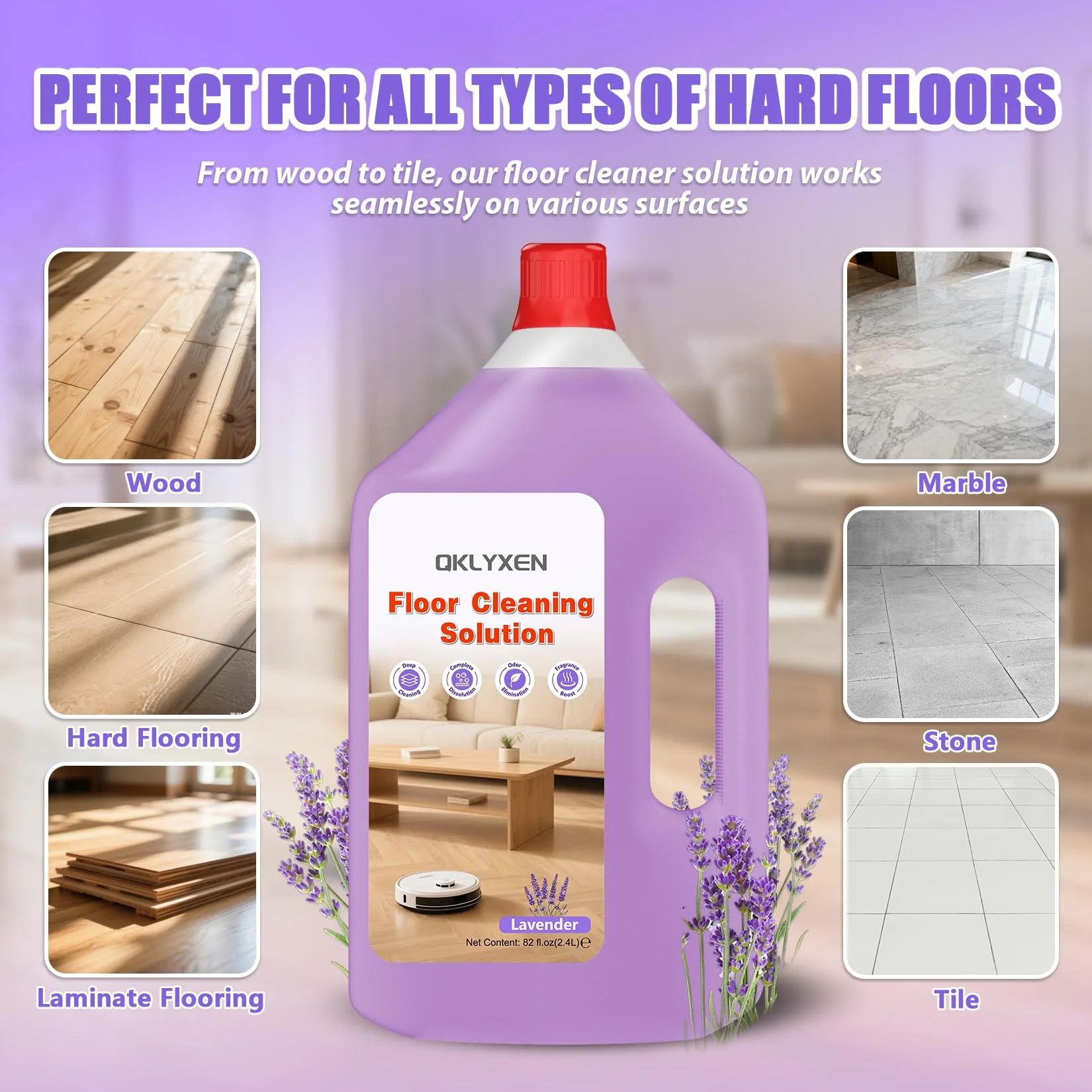 QKLYXEN Floor Cleaning Solution Compatible with Roborock – 82 FL OZ Lavender Floor Cleaner – Rich, Long-lasting Fragrance, – For All Robot Vacuums with Mopping & Cordless Wet/Dry Vacuum Mop Cleaner - Image 5