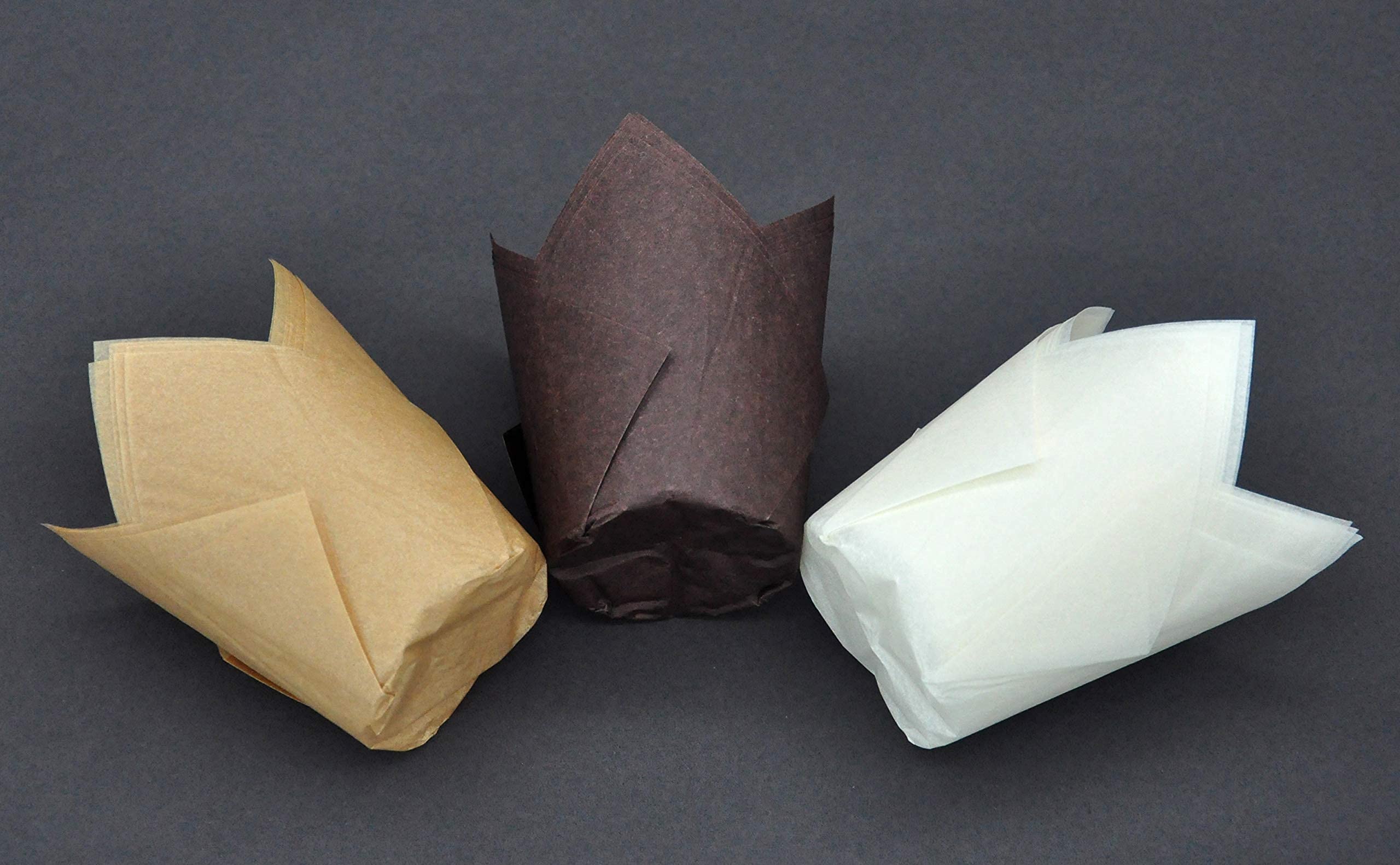 QLSmypkg Large Greaseproof paper Wrappers Muffin Baking cupcake cups liners, 2-1/4" x 4" Natural,Brown,White 3 colours in a box Tulip Baking Cups Holders 125 pcs (Large) (125, Multi 3) - Image 5
