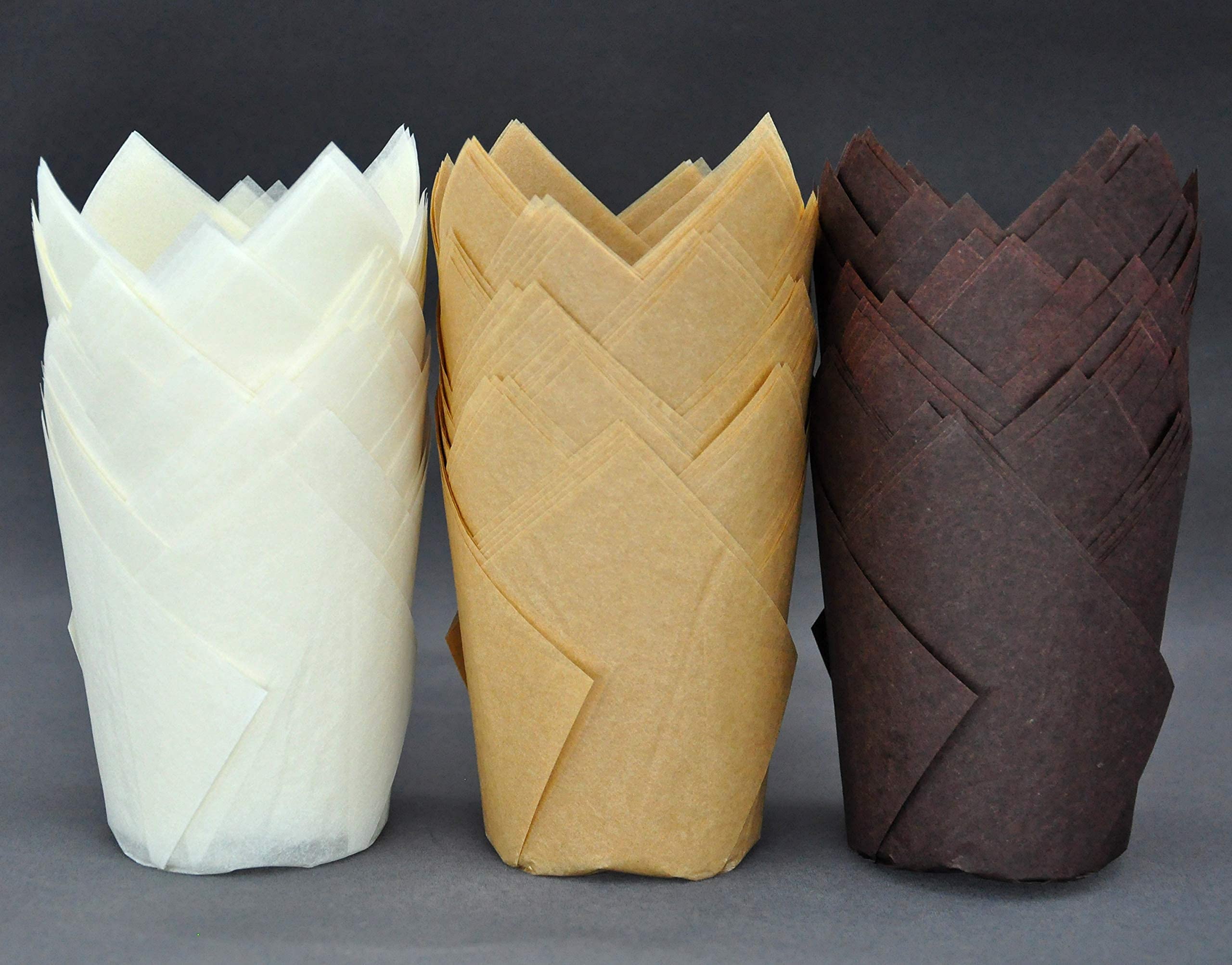 QLSmypkg Large Greaseproof paper Wrappers Muffin Baking cupcake cups liners, 2-1/4" x 4" Natural,Brown,White 3 colours in a box Tulip Baking Cups Holders 125 pcs (Large) (125, Multi 3) - Image 7