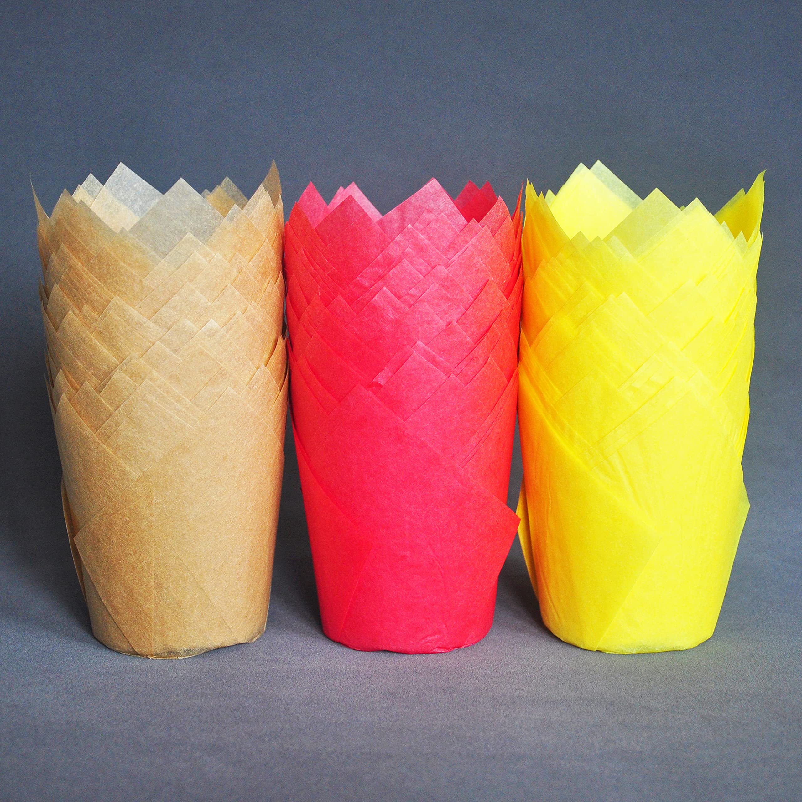 QLSmypkg Large Greaseproof paper Wrappers Muffin Baking cupcake cups liners, 2-1/4" x 4" Natural,Red,Yellow 3 colours in a box Tulip Baking Cups Holders 125 pcs (Large) (125, Multi Red,Yellow,Natural) - Image 6