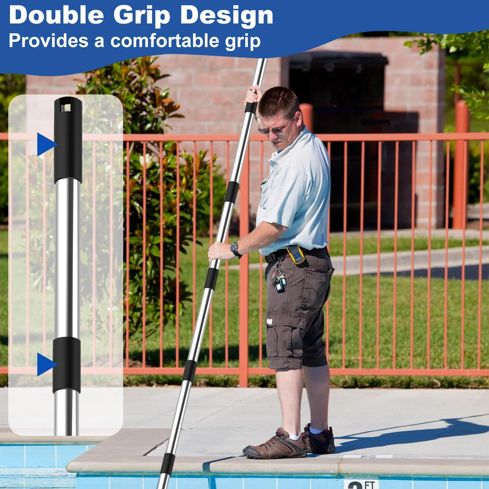 QNFANN Pool Pole Telescopic 12 Ft Heavy Duty, Professional Adjustable Stainless Steel Swimming Pool Pole for Skimmer Net, Brush, Vacuum Head, Strong Grip & Lock, Pool Cleaning Pole, Pool Brush Pole - Image 2