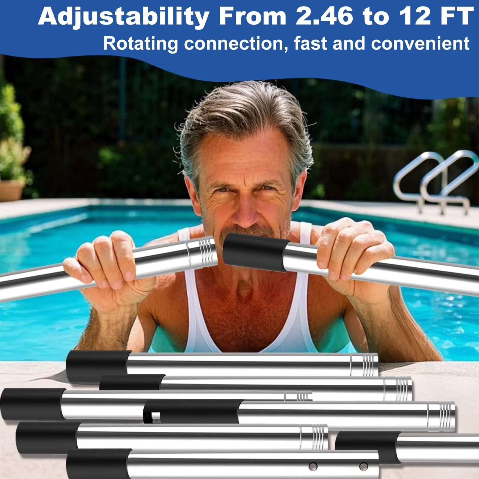 QNFANN Pool Pole Telescopic 12 Ft Heavy Duty, Professional Adjustable Stainless Steel Swimming Pool Pole for Skimmer Net, Brush, Vacuum Head, Strong Grip & Lock, Pool Cleaning Pole, Pool Brush Pole - Image 5