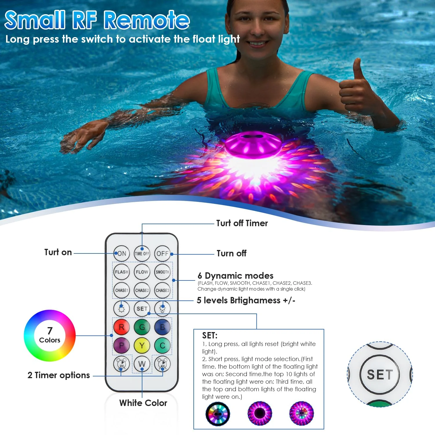 QOLNBY Floating Pool Lights(2 Pack), IP68 Waterproof Pool Lights, Rechargeable RGB Upper and Lower Color Changing Pool Lights with 6 Dynamic Lighting Effects, Floating Light for Pond Gardens,Party - Image 4