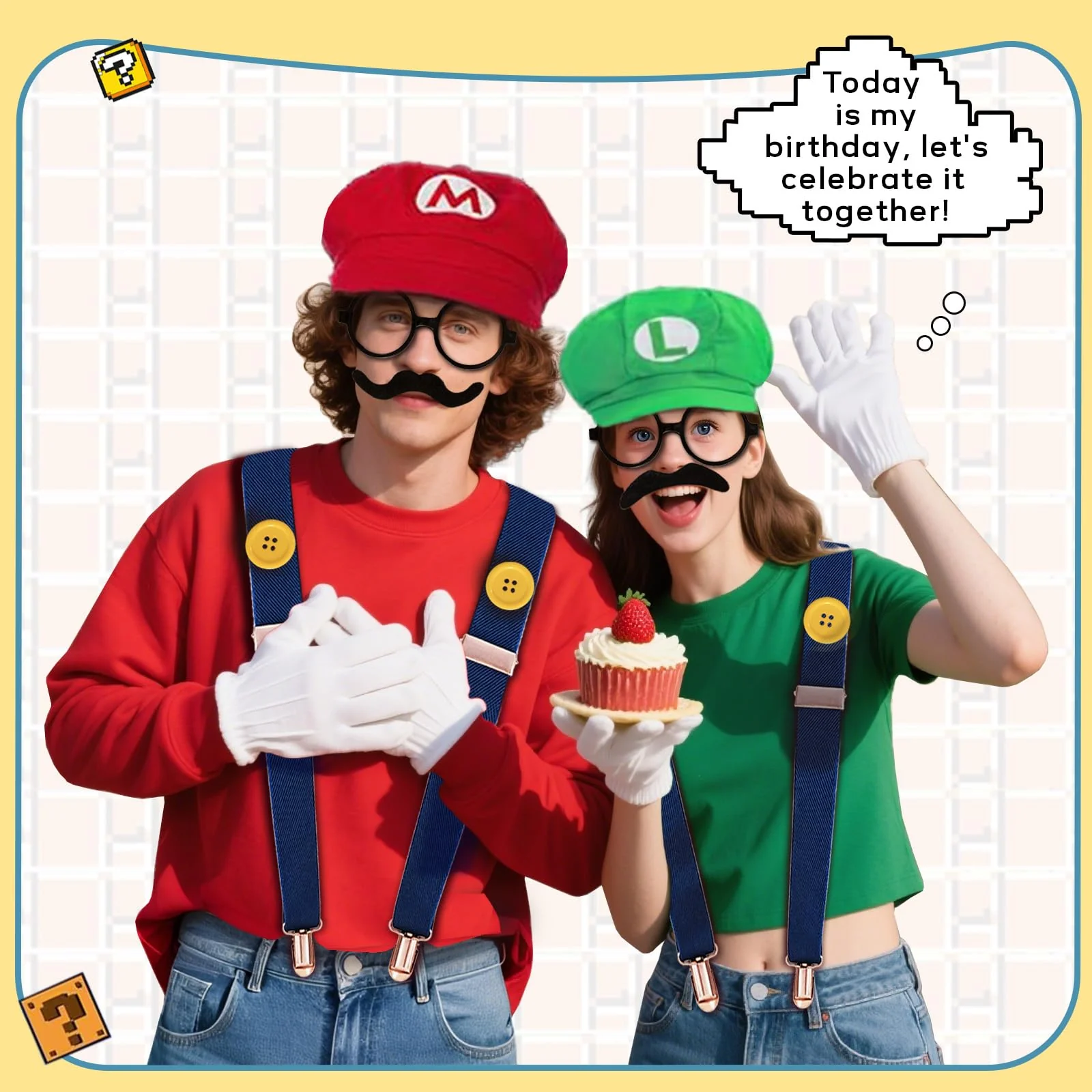 QRT Super Bros Costume Kit with Hat, Mustaches, Suspenders, Gloves Buttons ang Glasses frame for Halloween, Cosplay and Christmas (red&green) - Image 2
